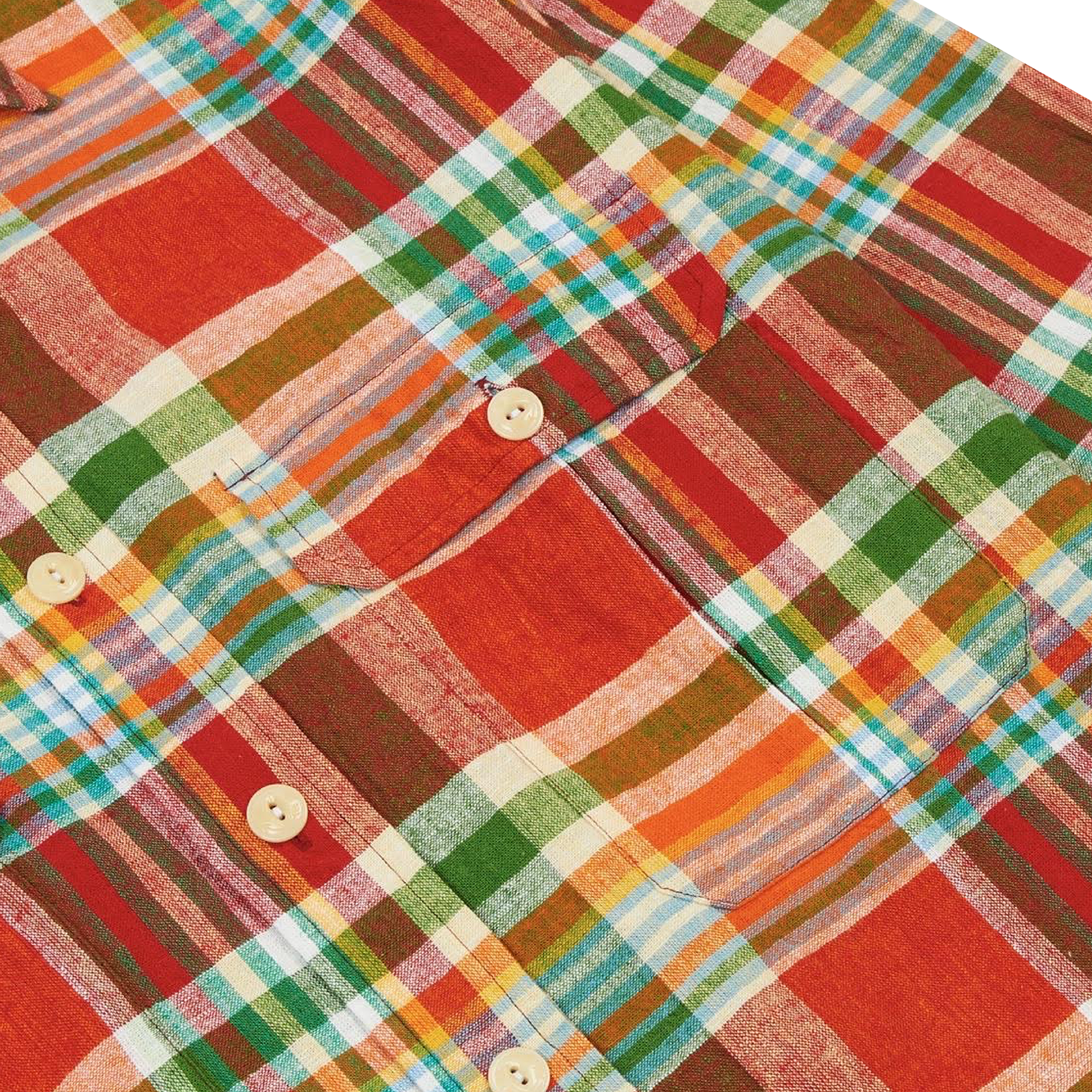 Drake's Madras Linen-Cotton Work Shirt Red, Orange & Green