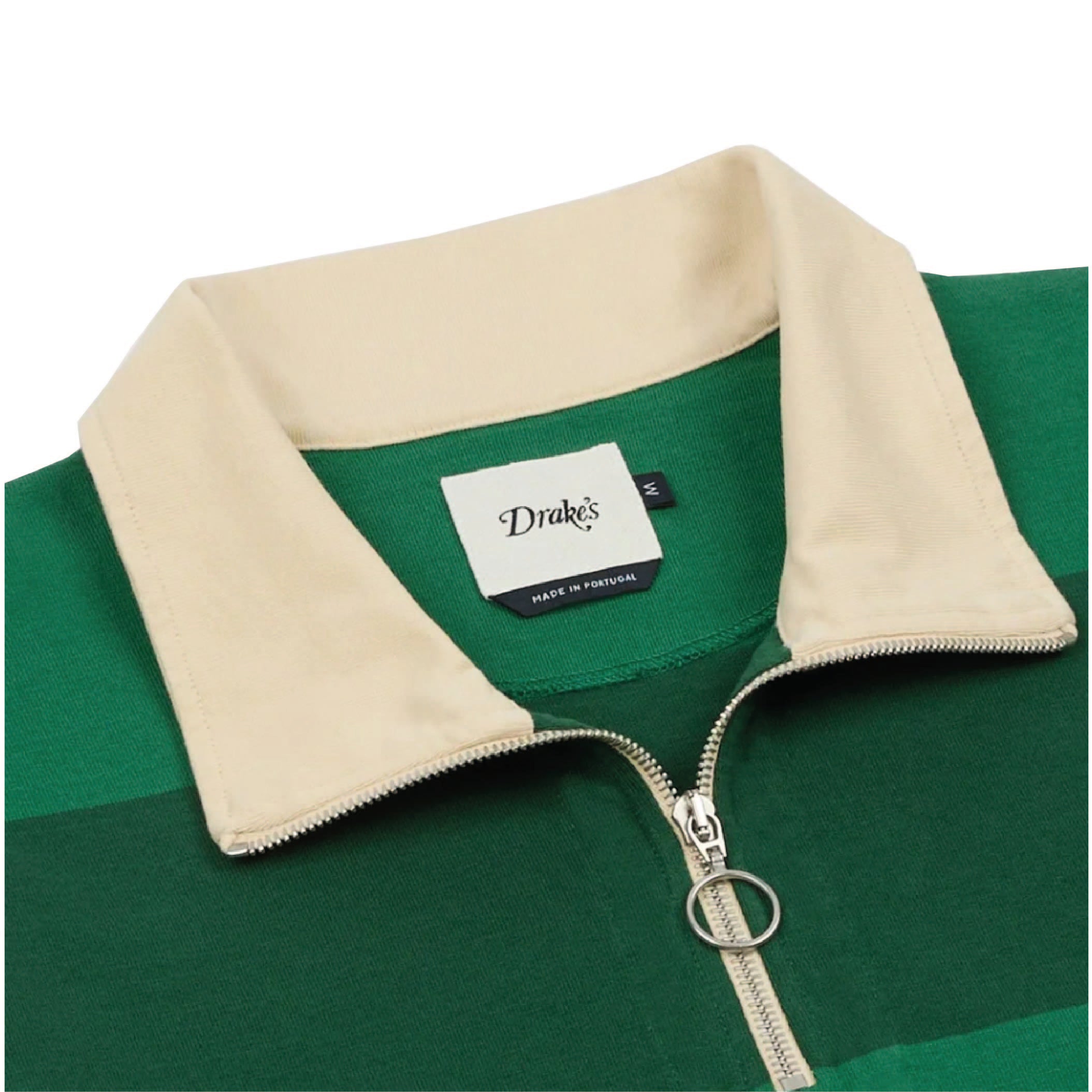 Drake's Block Stripe Cotton Quarter-Zip Rugby Shirt in Green — three-quarter view