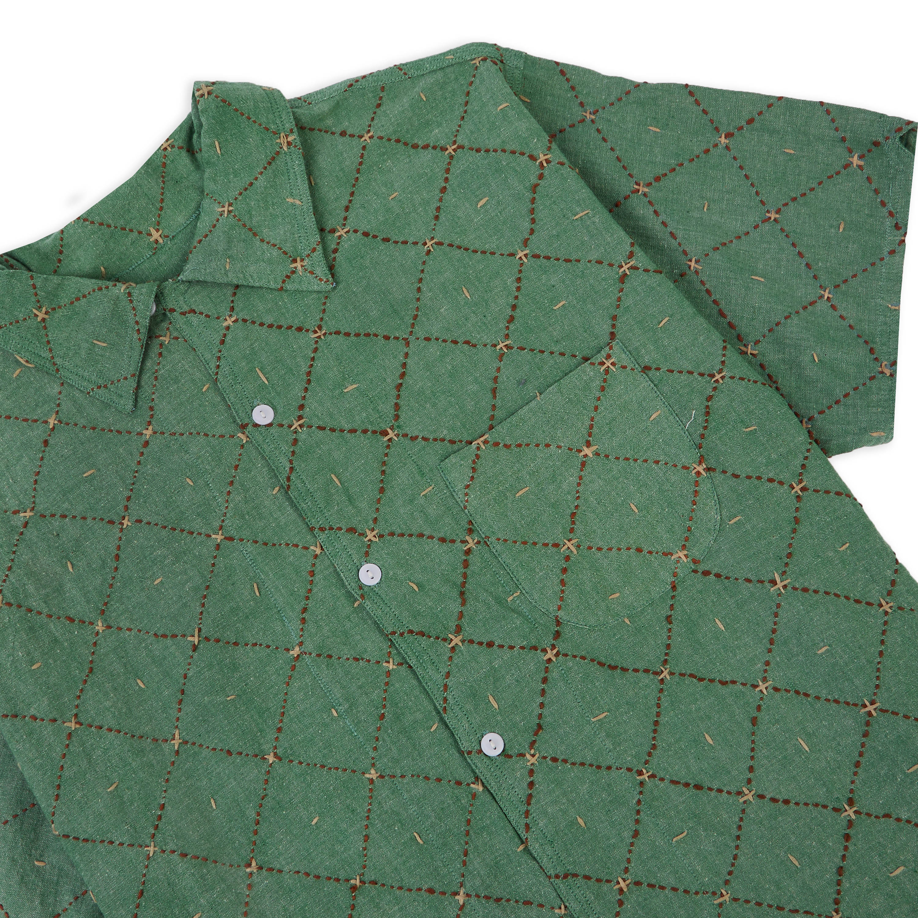 Burrows & Hare Kantha Short Sleeve Shirt - Green