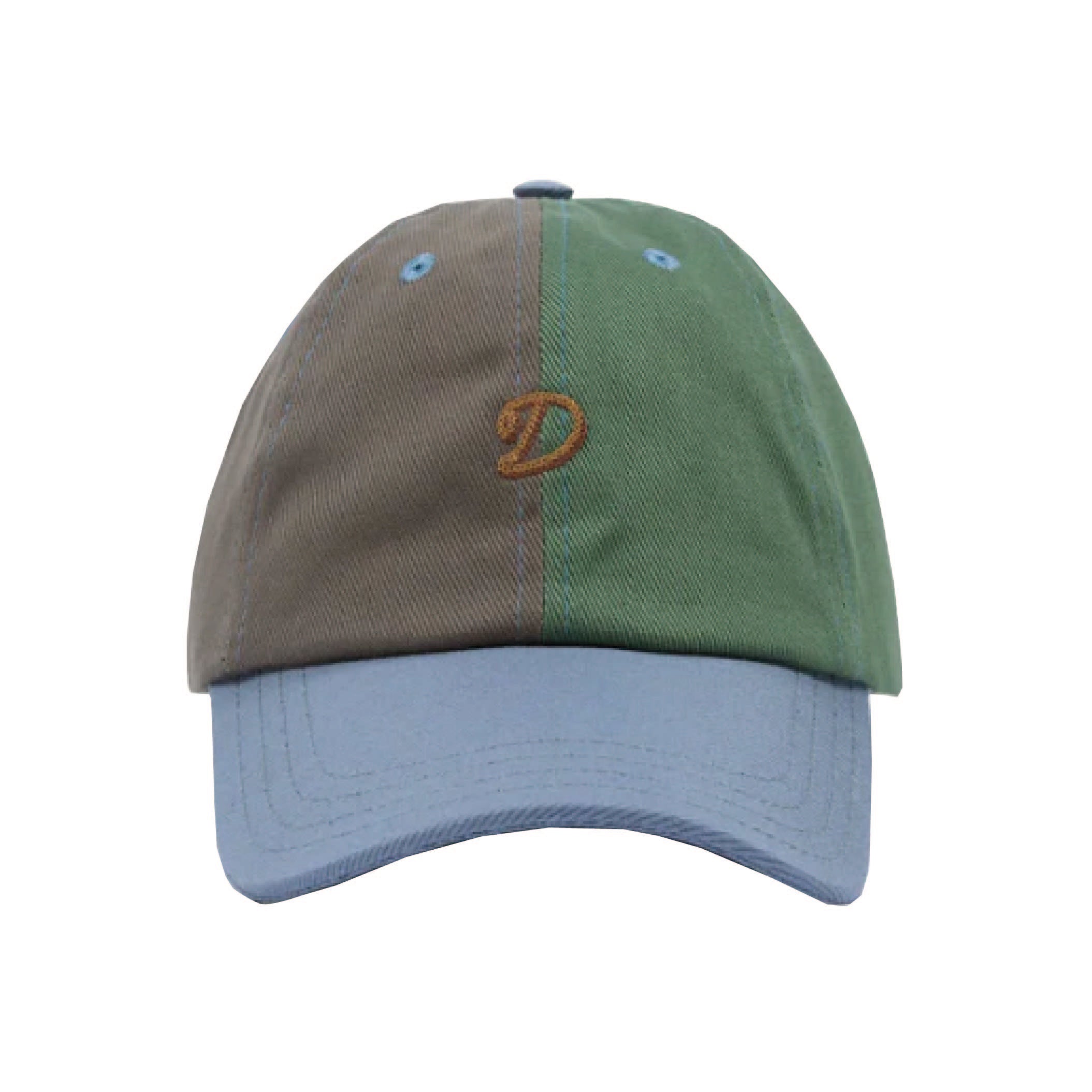 Drake's Chainstitch 'D' Cotton Twill Baseball Cap in Sand, Green and Blue — front view showing chainstitch embroidery