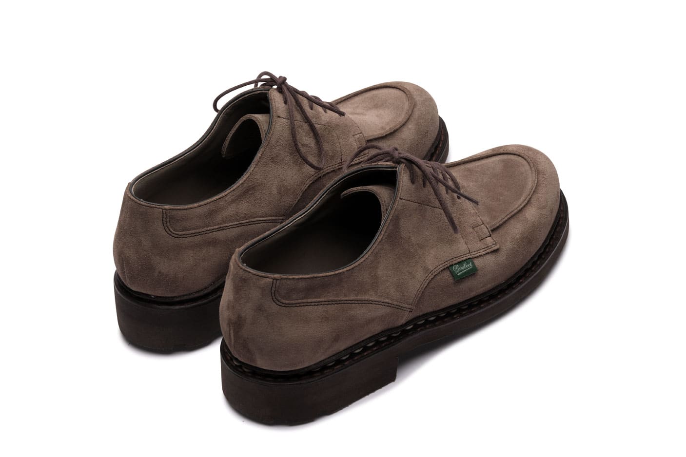 Paraboot Chambord brown suede derby — top-down view of five-eyelet lacing