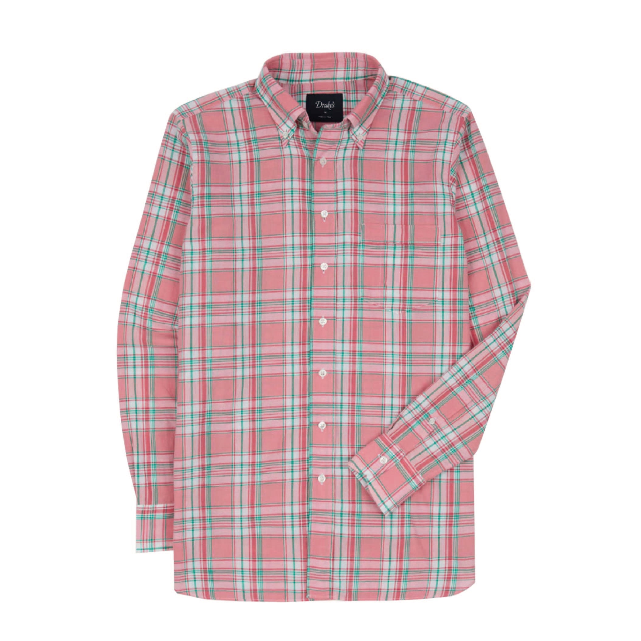 Drake's Madras Check Cotton Button-Down Shirt in Pink, White and Green — front view