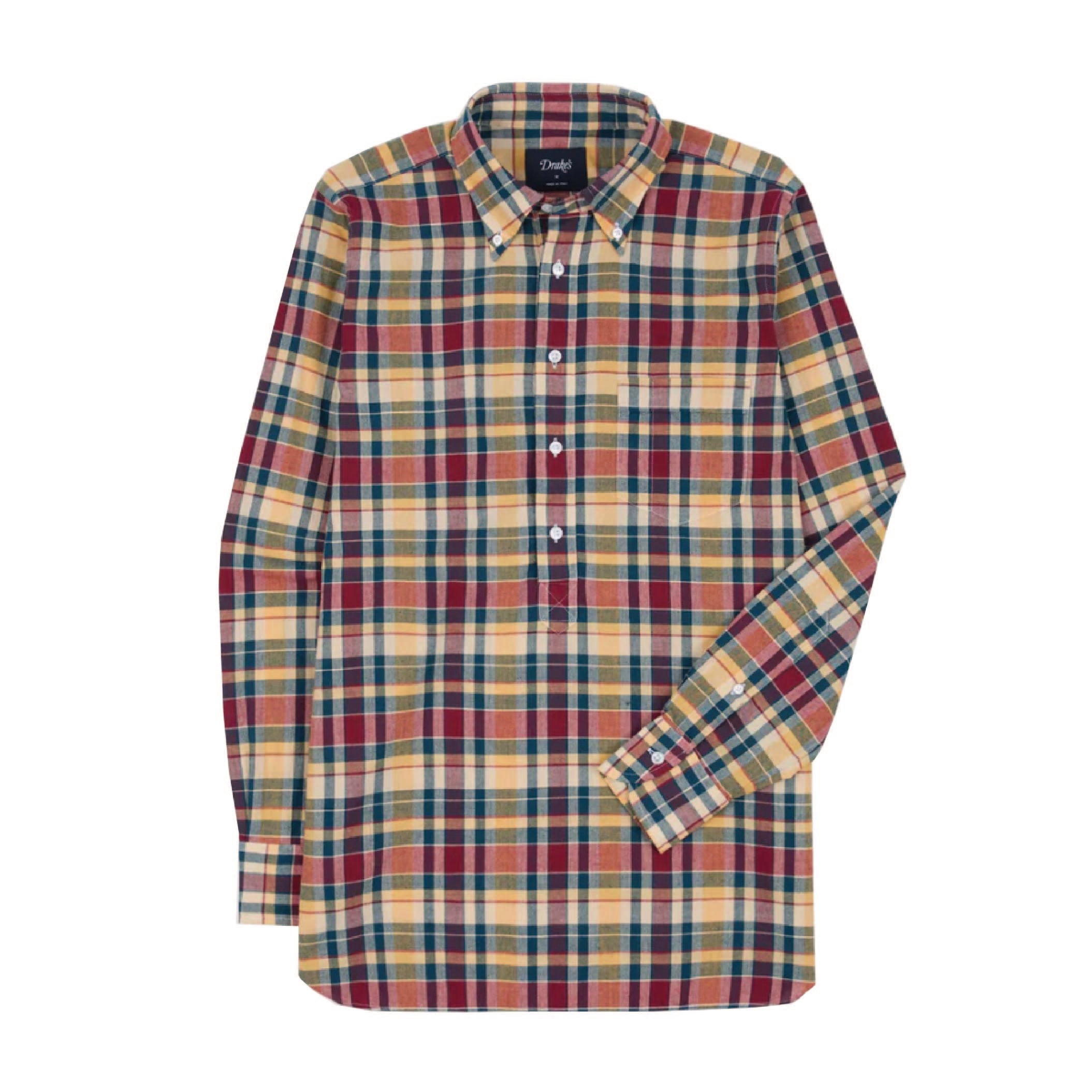 Drake's Madras Check Cotton Button-Down Popover Shirt in Navy, Yellow and Red — front view