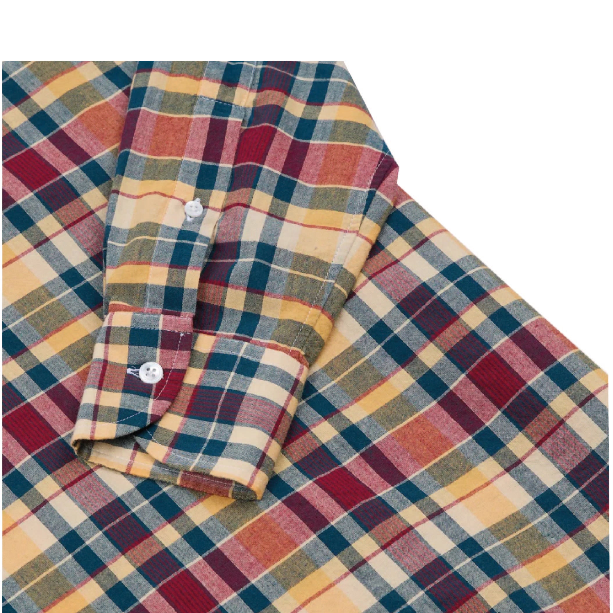 Drake's Madras Check Cotton Popover Shirt in Navy, Yellow and Red — collar and placket detail