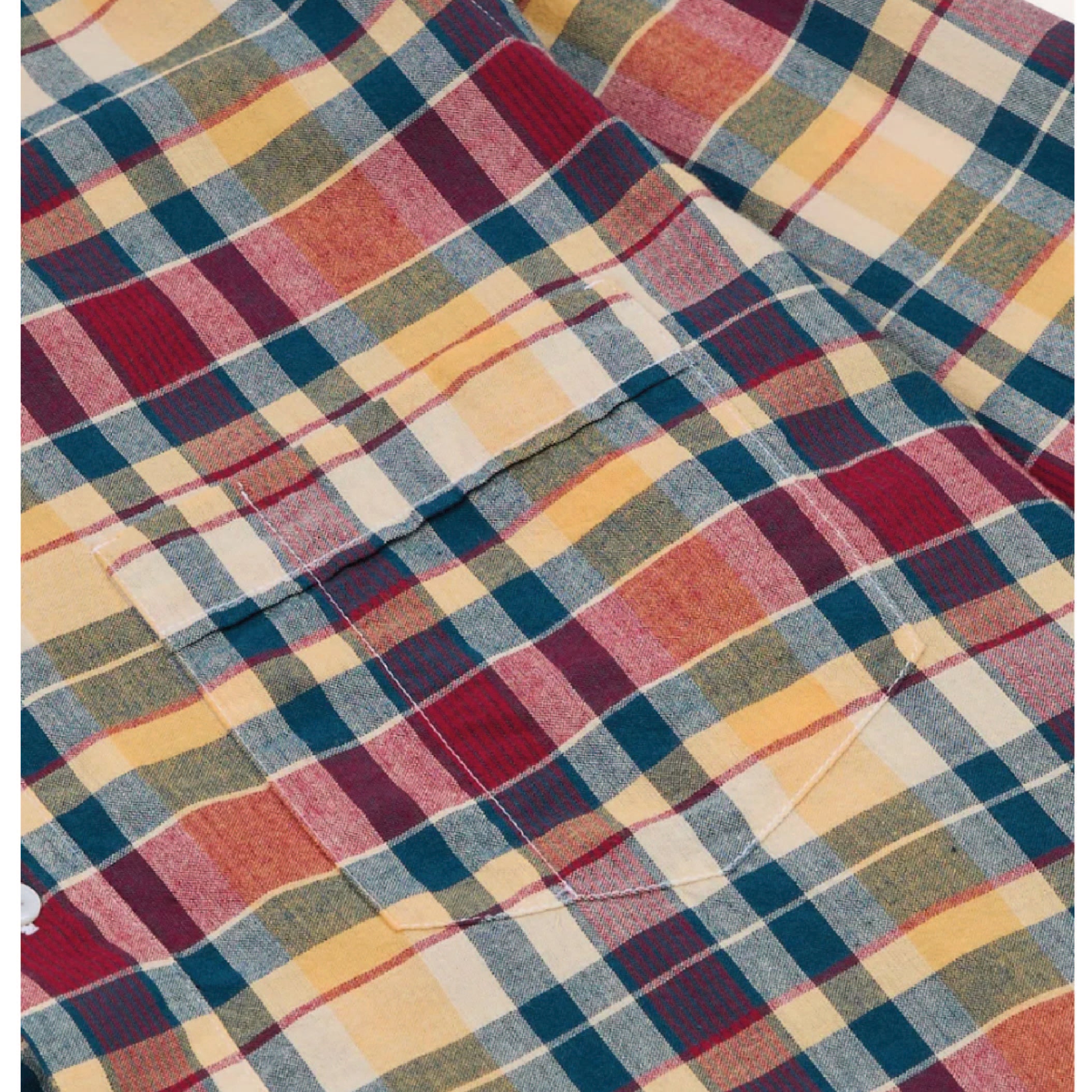 Drake's Madras Check Cotton Popover Shirt in Navy, Yellow and Red — madras check fabric detail