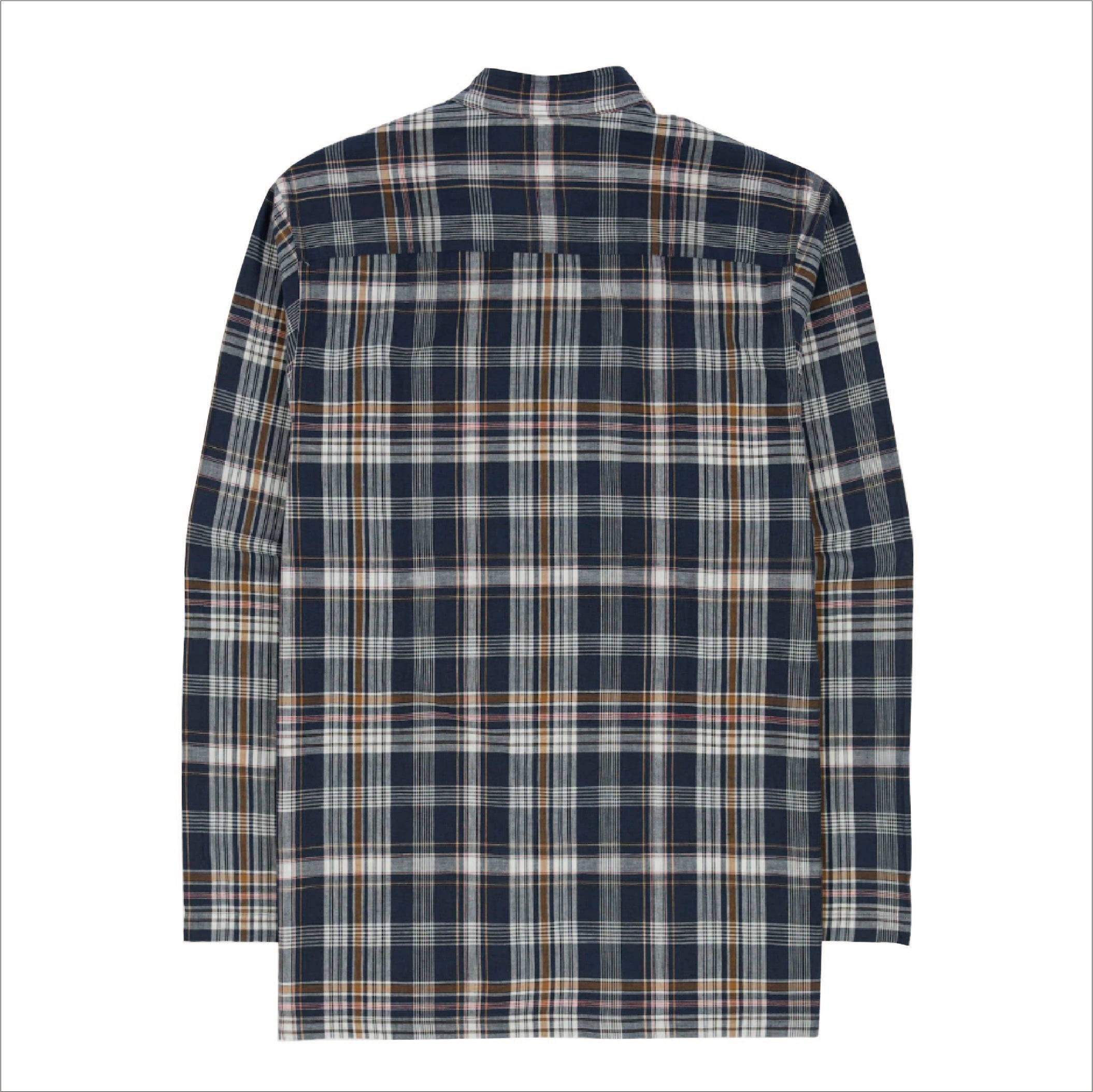 Drake's Madras Check Mandarin Collar Popover Shirt in Navy, White and Yellow — back view