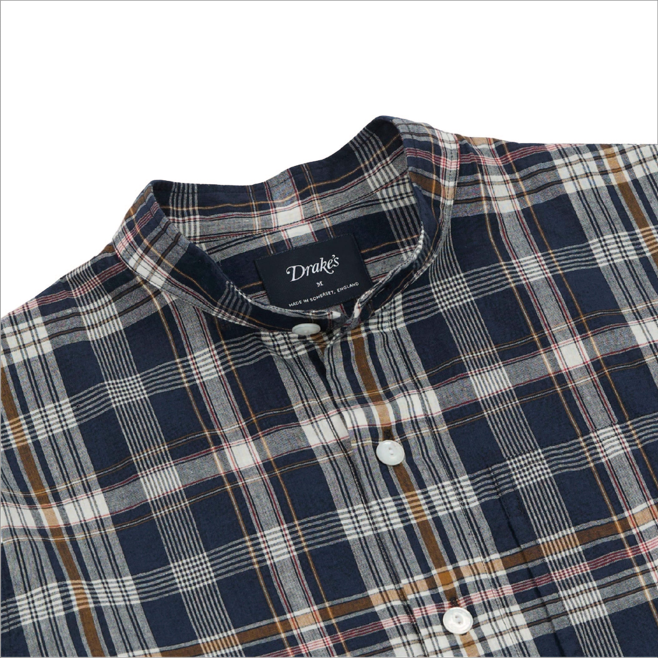 Drake's Madras Check Mandarin Collar Popover Shirt in Navy, White and Yellow — three-quarter view