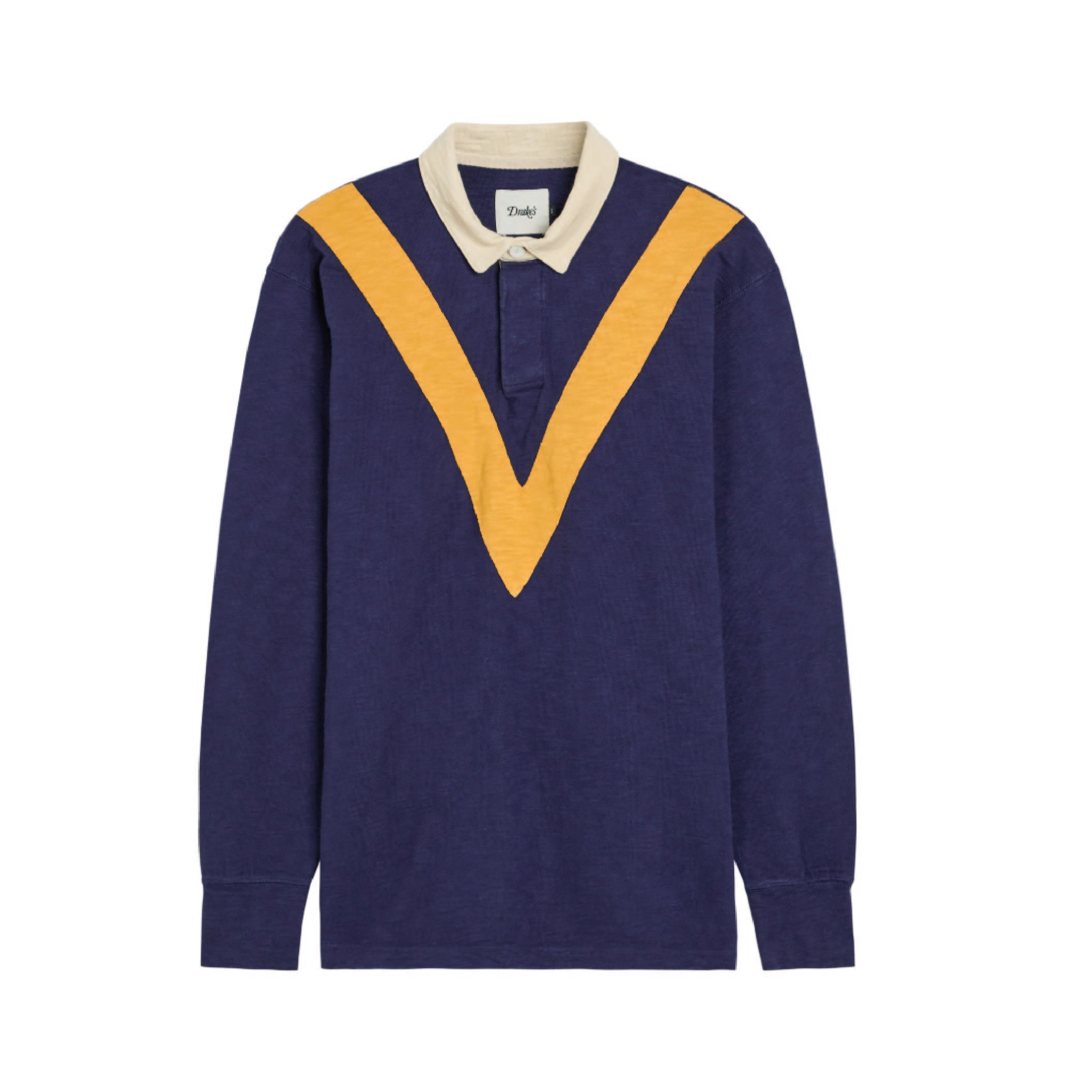 Drake's Chevron Flamé Cotton Rugby Shirt in Navy and Yellow — front view showing chevron stripe pattern