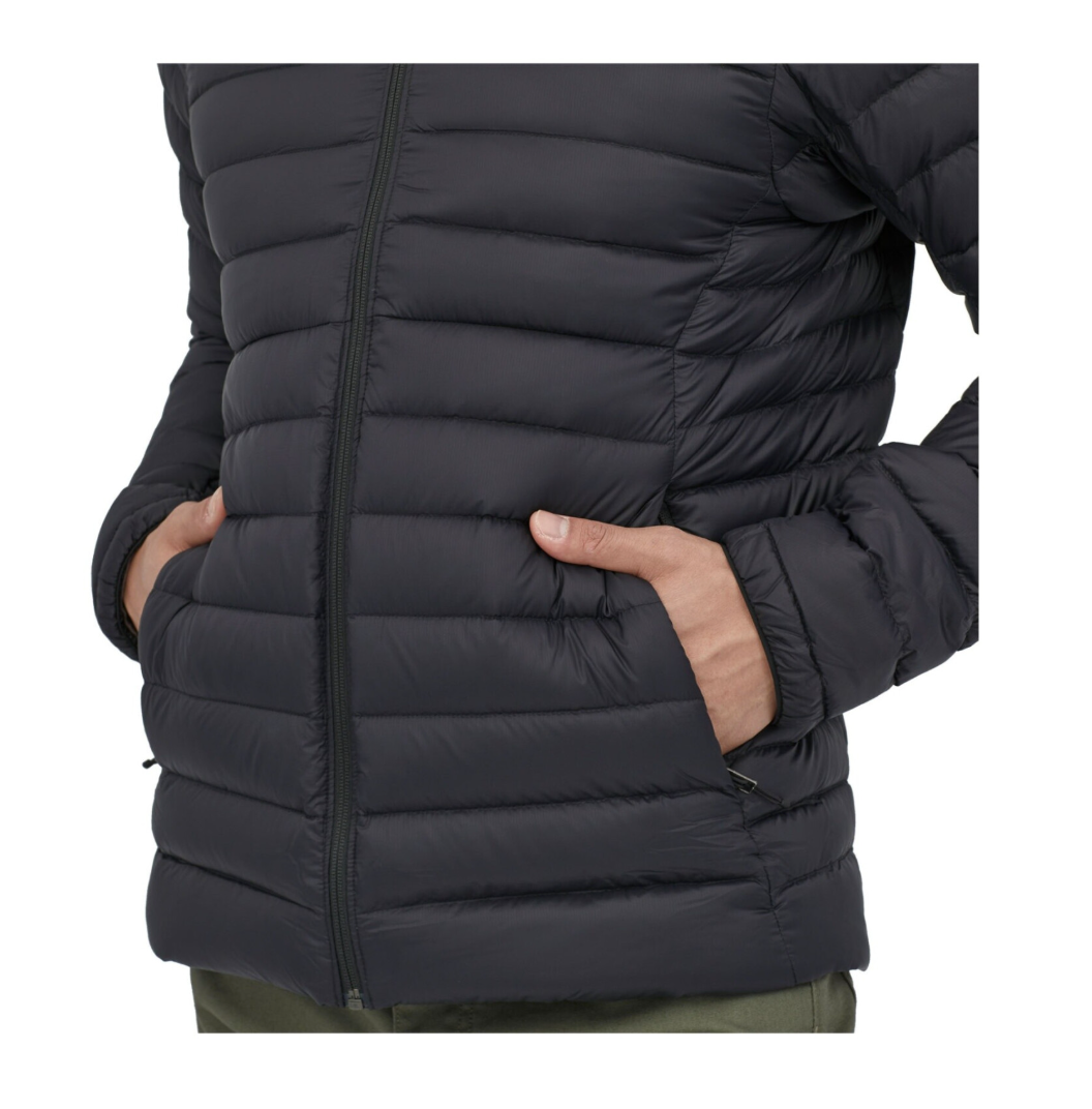 Back view of Patagonia Down Sweater Hoody in black, stylish and versatile outerwear.
