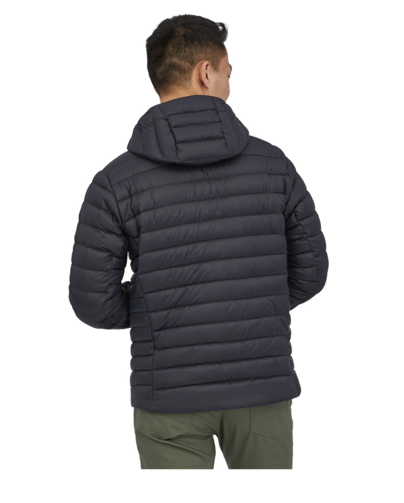 Detailed view of Patagonia Down Sweater Hoody in black, highlighting craftsmanship and style.