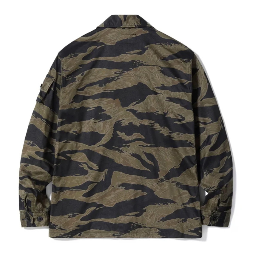 Side profile of Black Tiger Pattern Jacket by Buzz Rickson's, showing subtle camouflage.