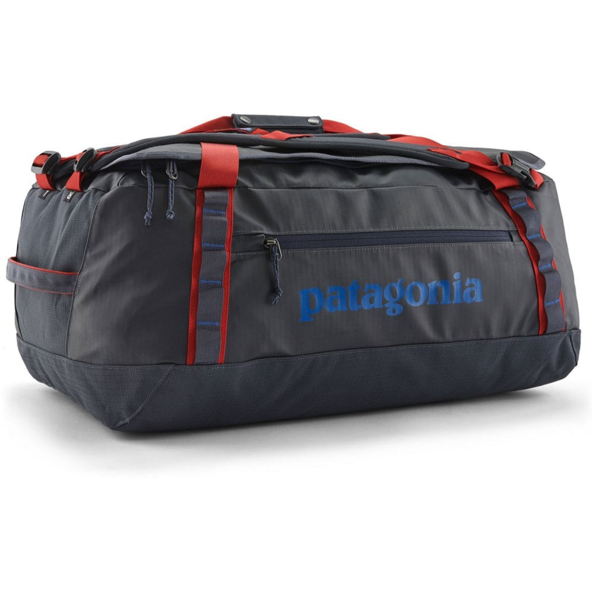 Patagonia Black Hole Duffel 55L in Smolder Blue with Amanita Red, durable travel bag.