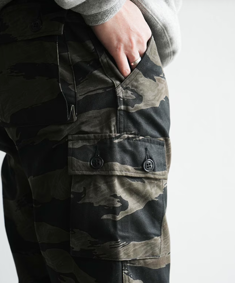 Rear view of Black Tiger Pattern Trousers by Buzz Rickson's, 100% cotton fabric.