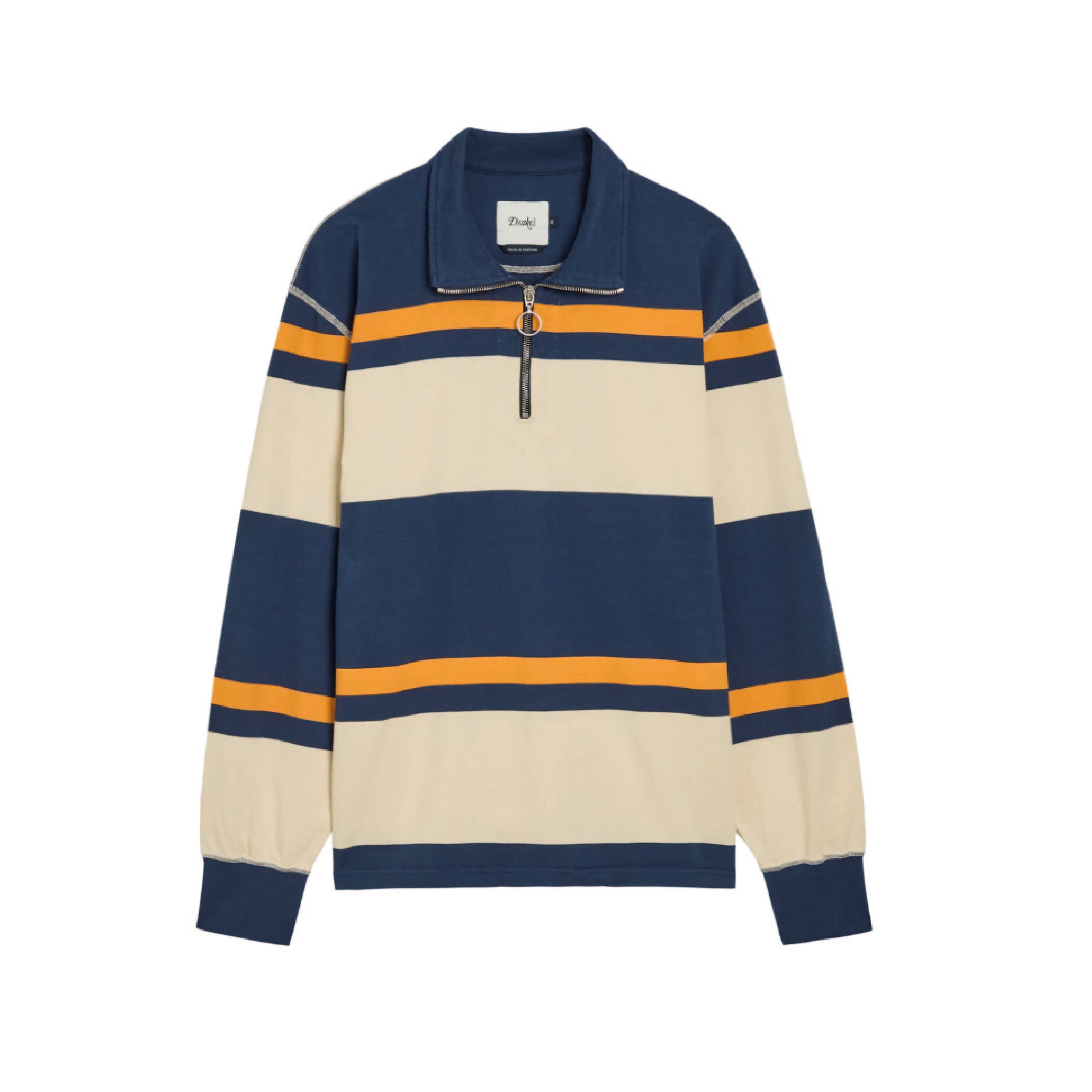 Drake's Stripe Quarter-Zip Rugby Shirt in Ecru, Navy and Yellow — front view showing stripe pattern and quarter zip