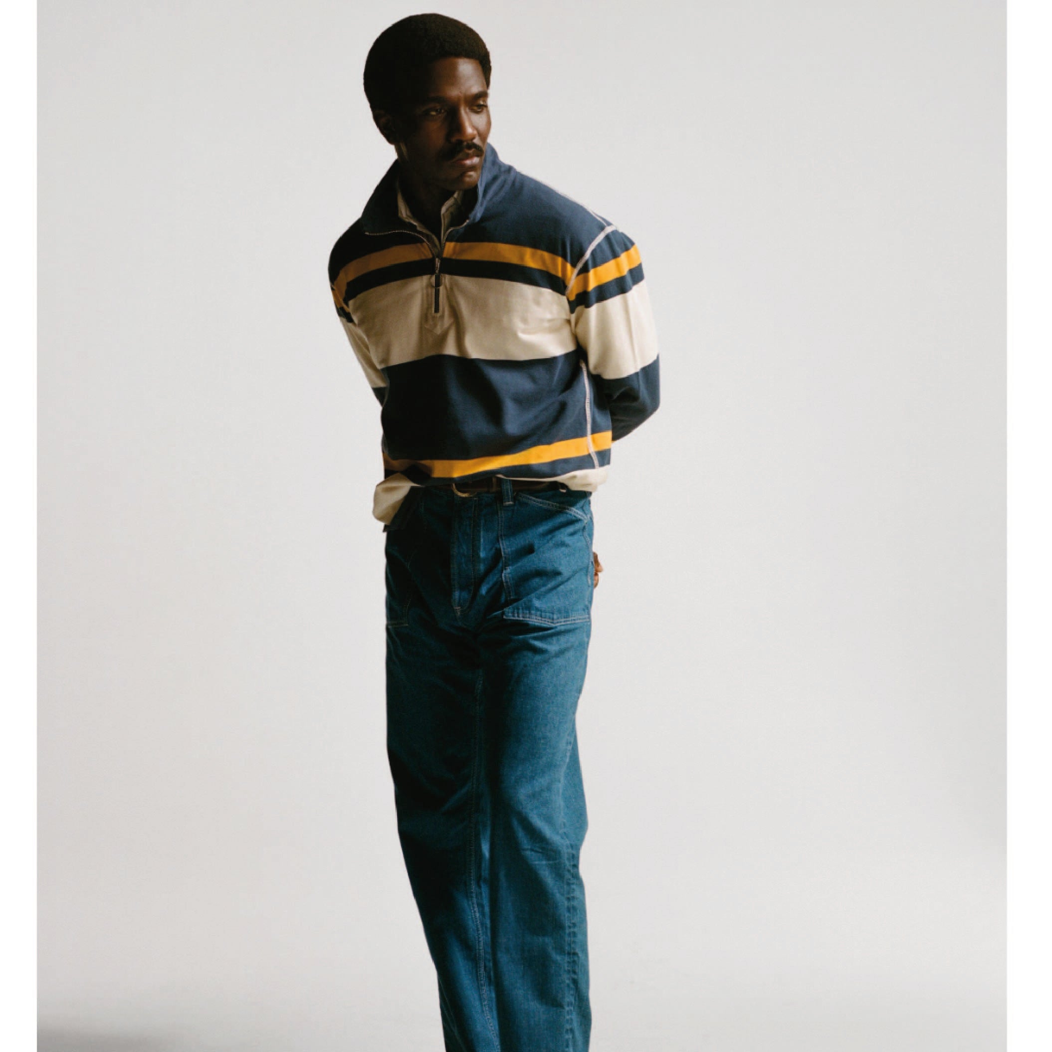 Drake's Stripe Quarter-Zip Rugby Shirt in Ecru, Navy and Yellow — stripe fabric detail