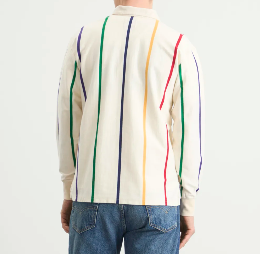 Drake's Primary Vertical Stripe Cotton Rugby Shirt in White Multicolour — three-quarter view