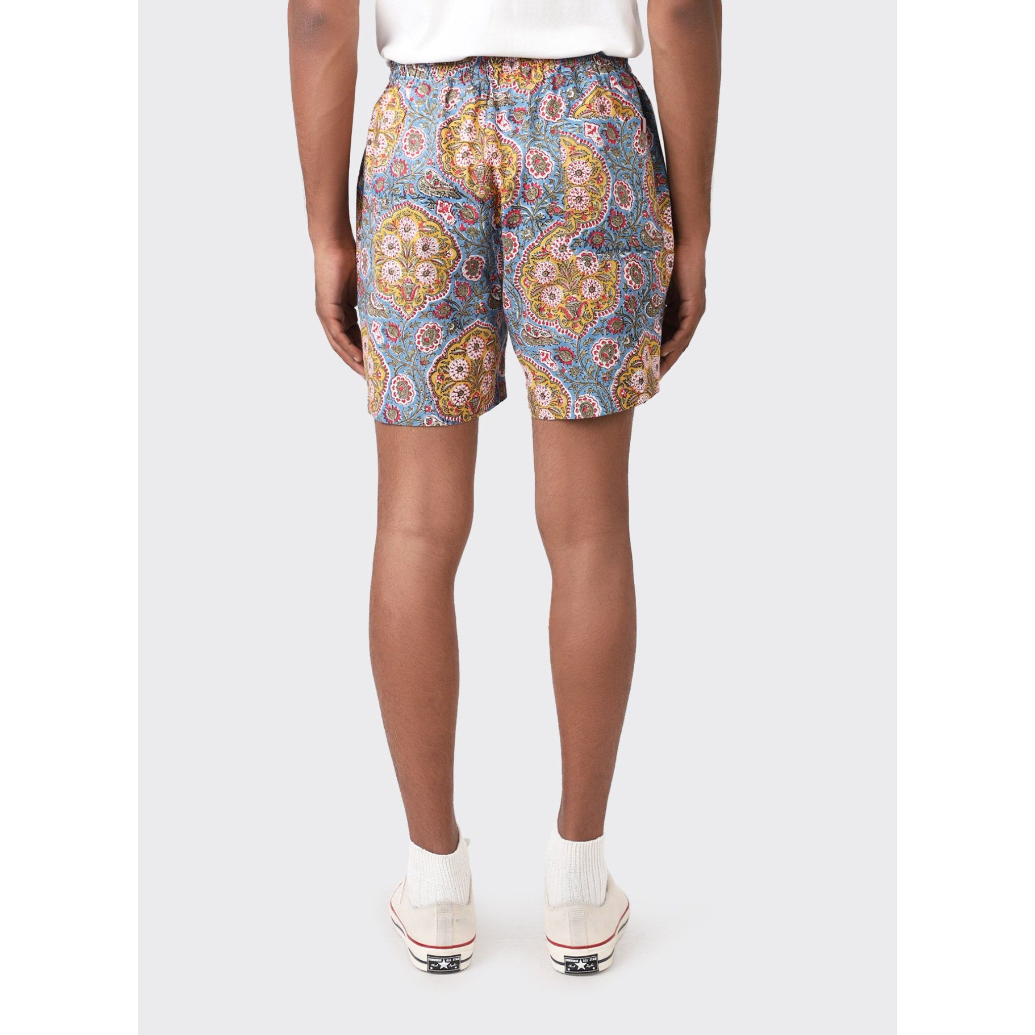 Olbia drawstring shorts by Kardo, showcasing artisanal craftsmanship in hand block-printed materials.