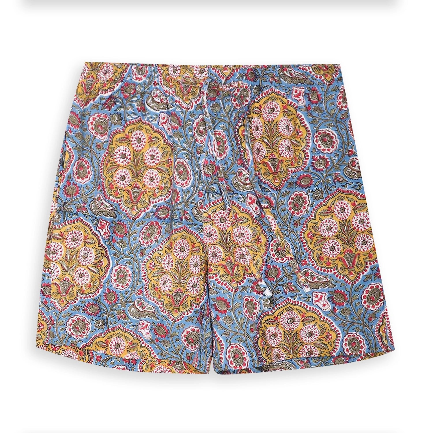 Block print shorts by Kardo made from hand block-printed materials, with a comfortable drawstring waist.