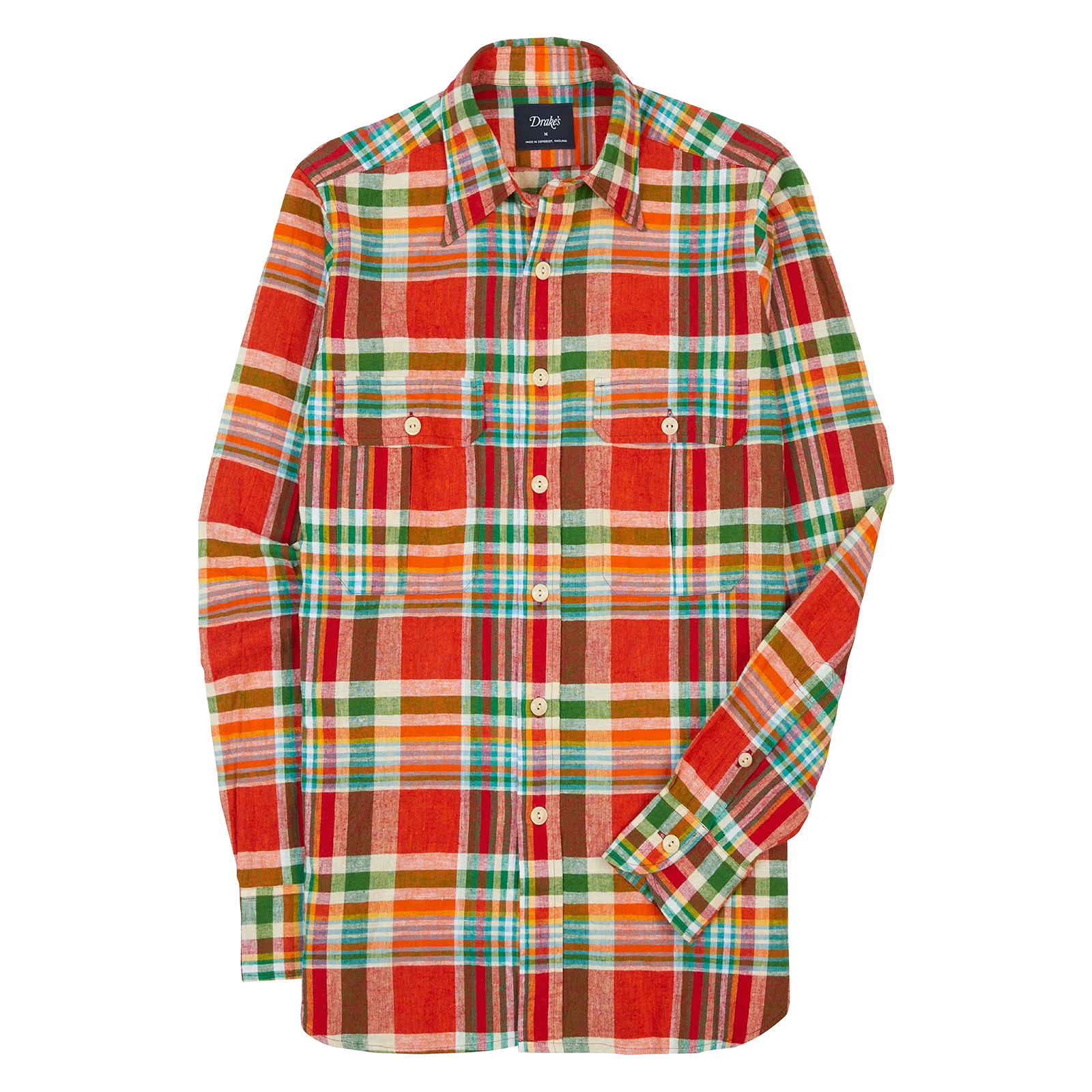 Drake's Madras Linen-Cotton Work Shirt Red, Orange & Green