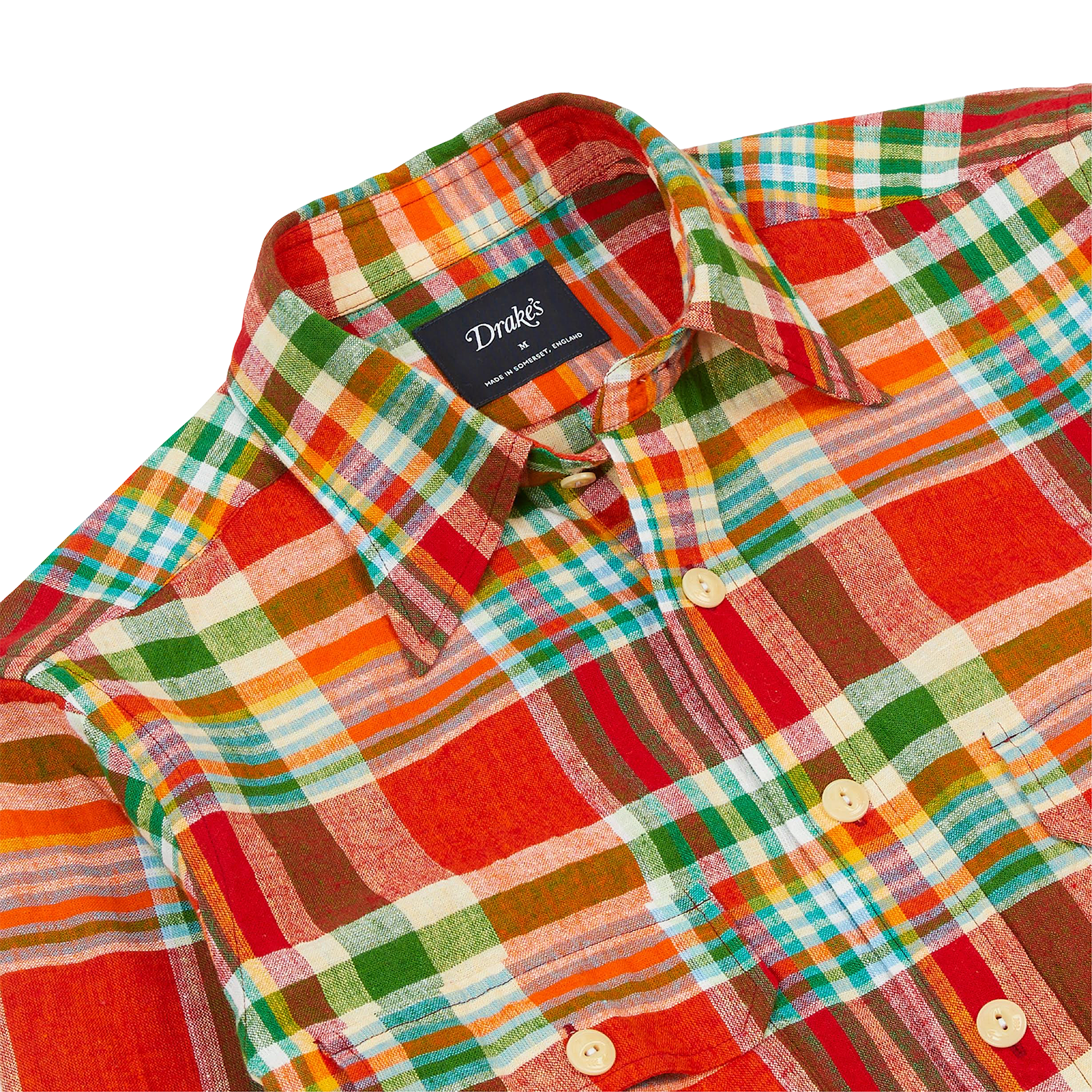 Drake's Madras Linen-Cotton Work Shirt Red, Orange & Green