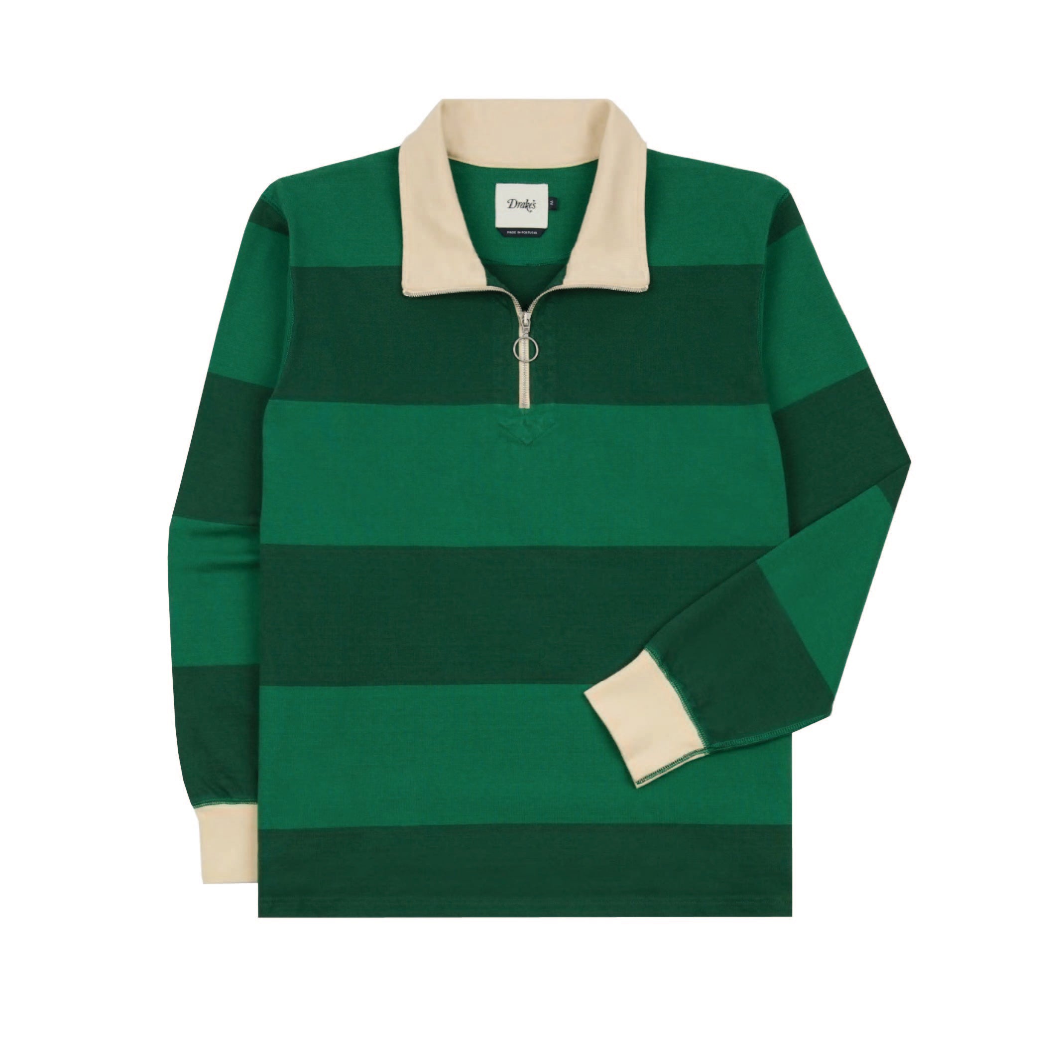 Drake's Block Stripe Cotton Quarter-Zip Rugby Shirt in Green — front view showing block stripe pattern and quarter zip