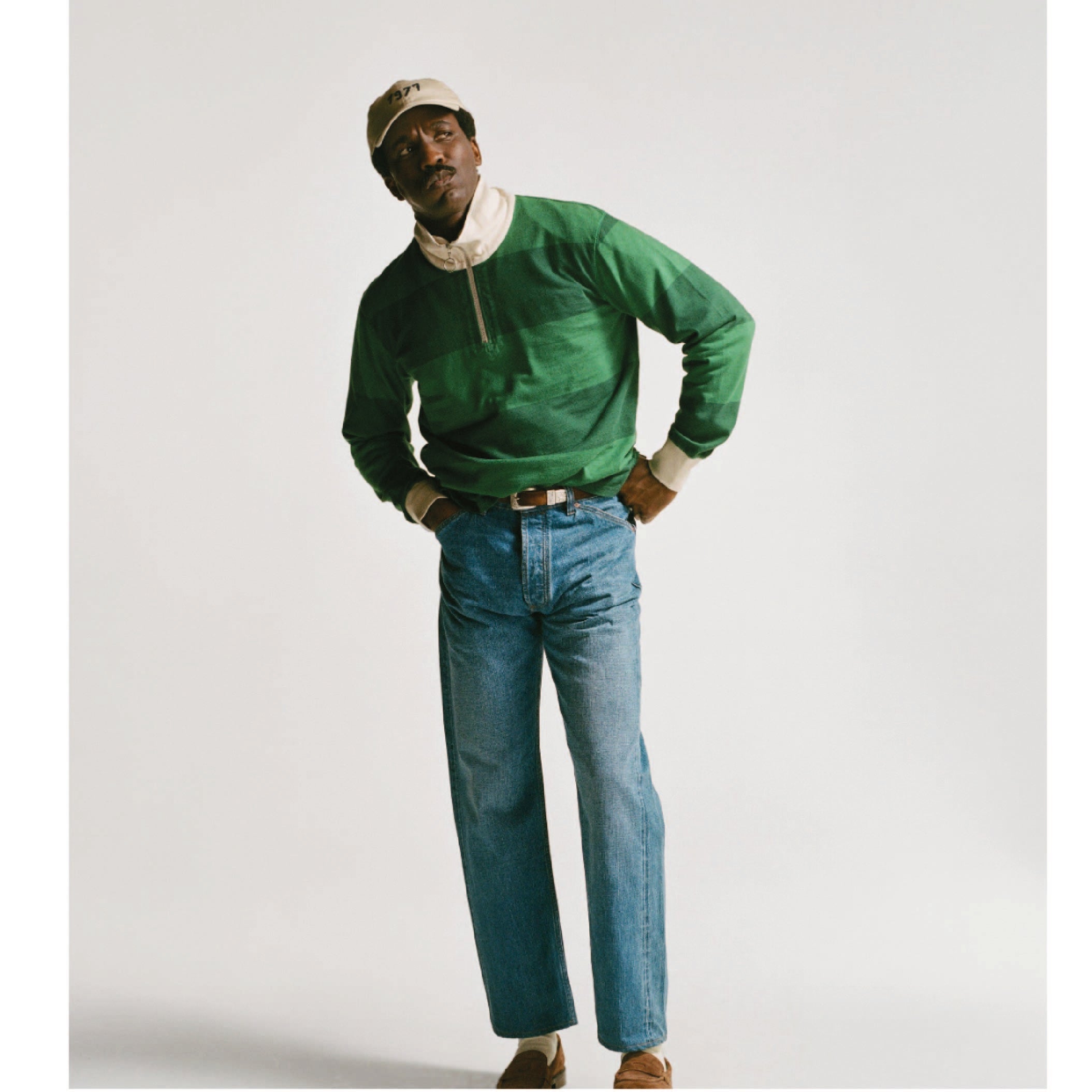Drake's Block Stripe Cotton Quarter-Zip Rugby Shirt in Green — collar and zip detail