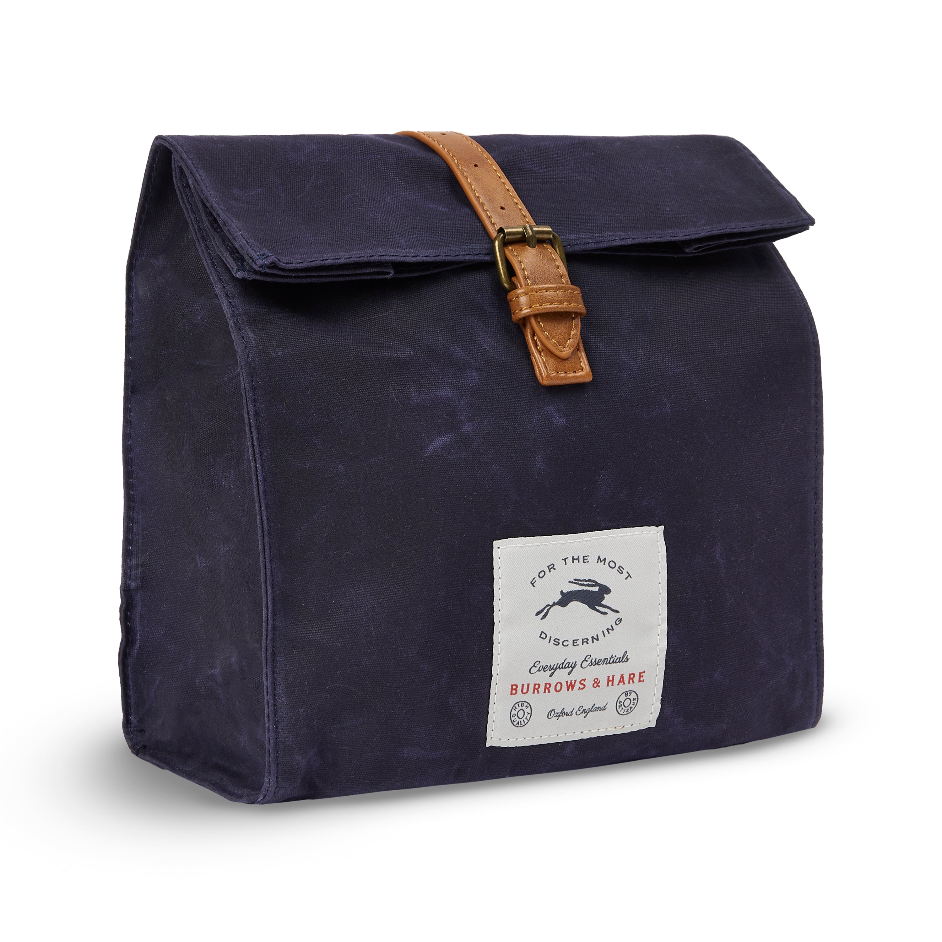 Navy thermal lunch bag in waxed cotton canvas, front view