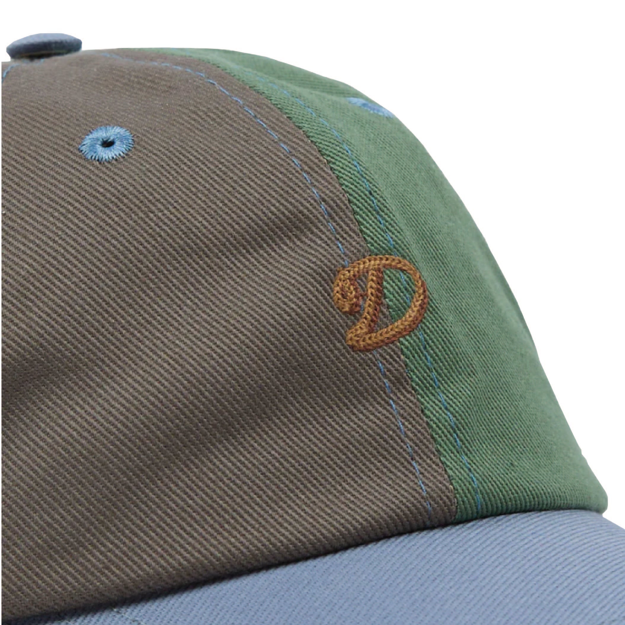 Drake's Chainstitch 'D' Cotton Twill Baseball Cap in Sand, Green and Blue — back view showing strap