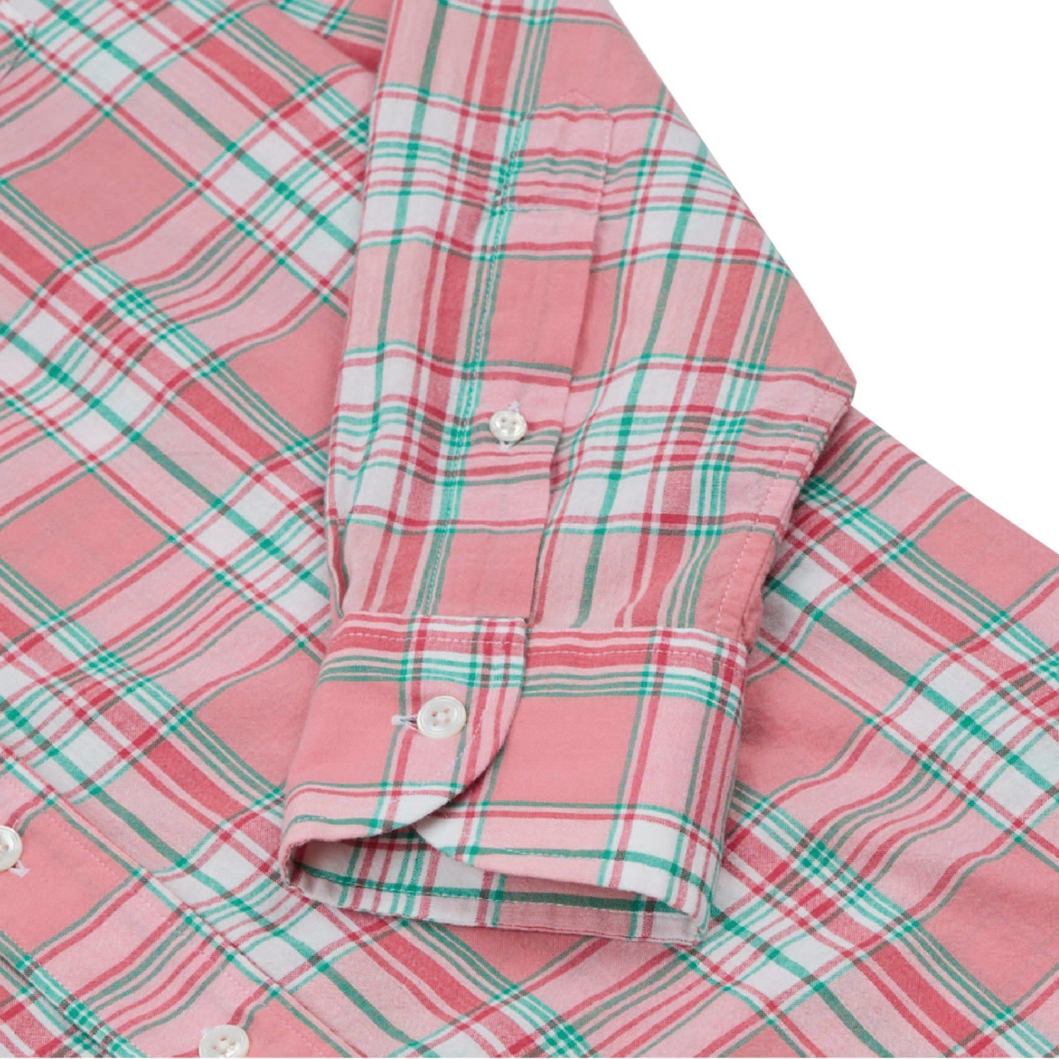 Drake's Madras Check Cotton Button-Down Shirt in Pink, White and Green — three-quarter view