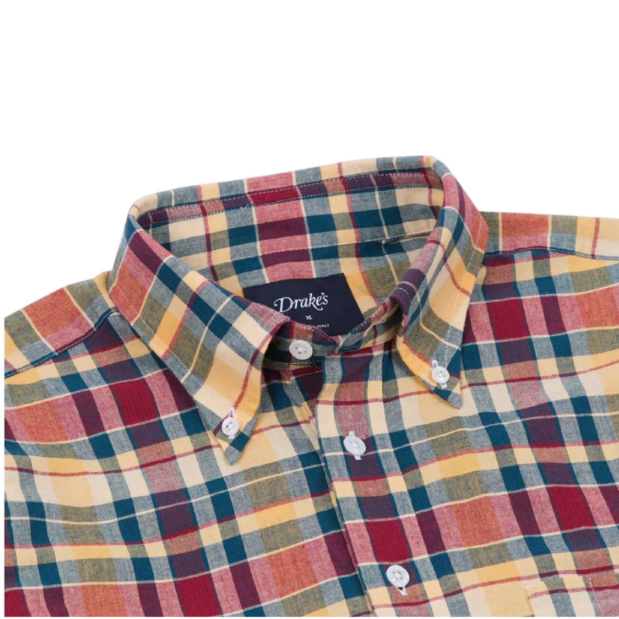 Drake's Madras Check Cotton Popover Shirt in Navy, Yellow and Red — three-quarter view