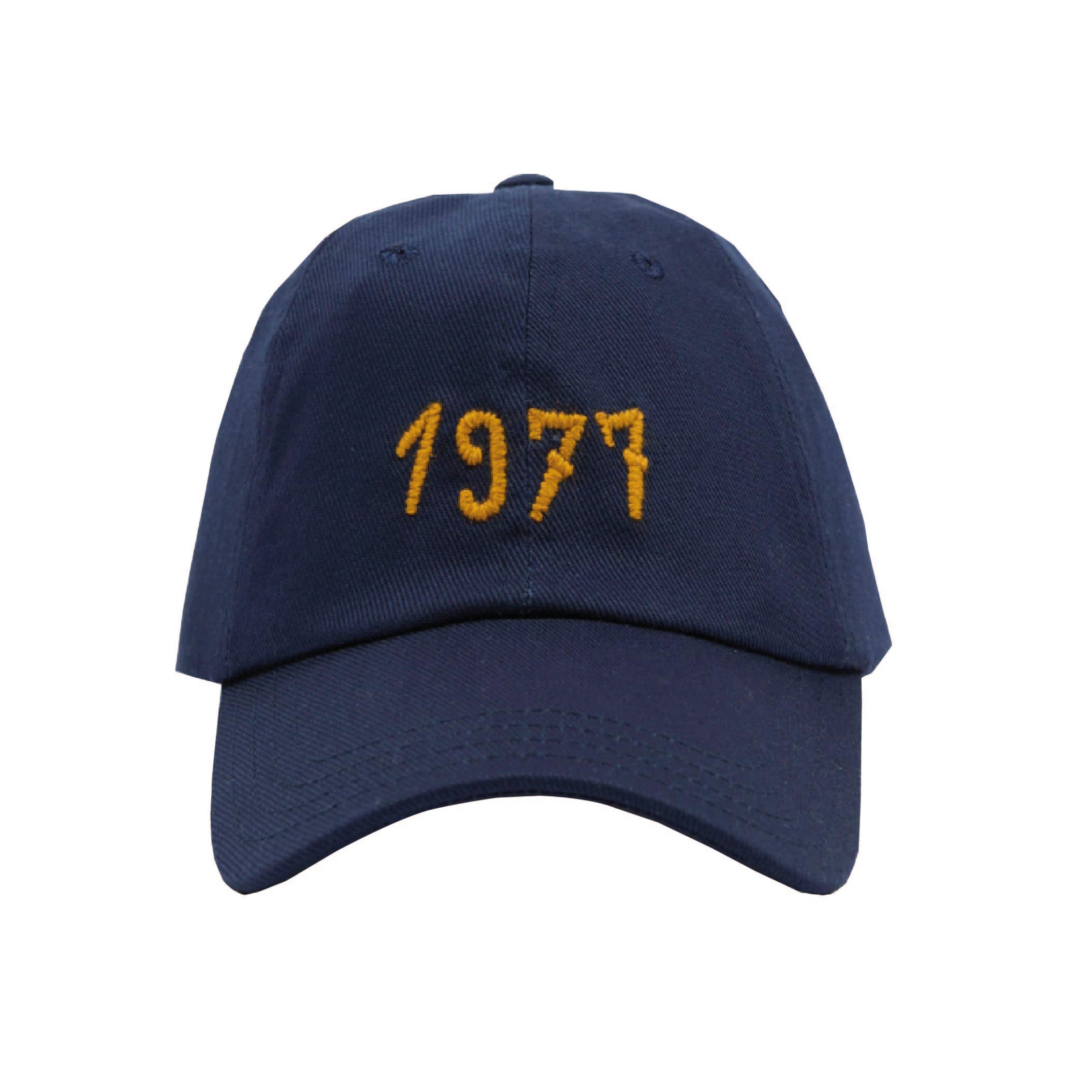Drake's Chainstitch '1977' Cotton Twill Baseball Cap in Navy — front view showing chainstitch number embroidery