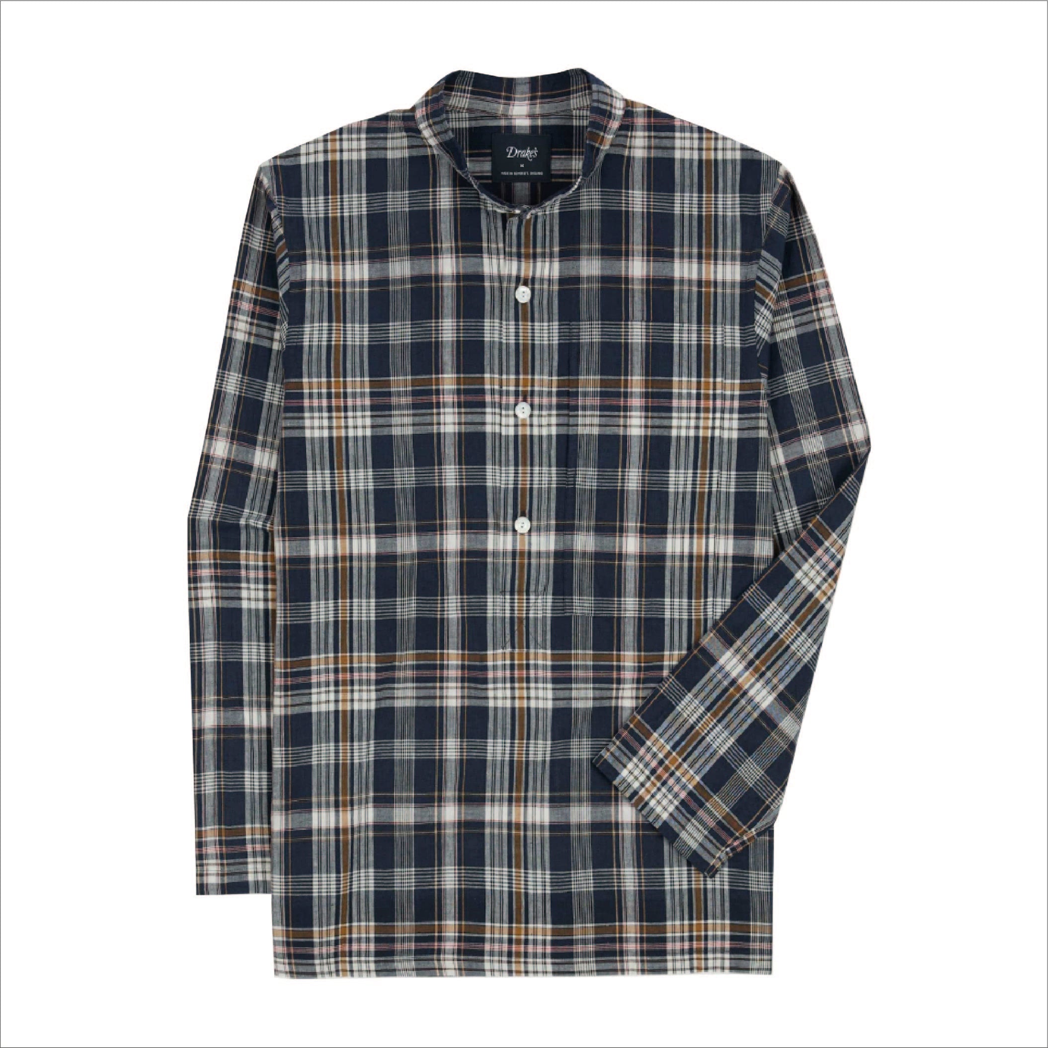 Drake's Madras Check Cotton Mandarin Collar Popover Shirt in Navy, White and Yellow — front view showing mandarin collar