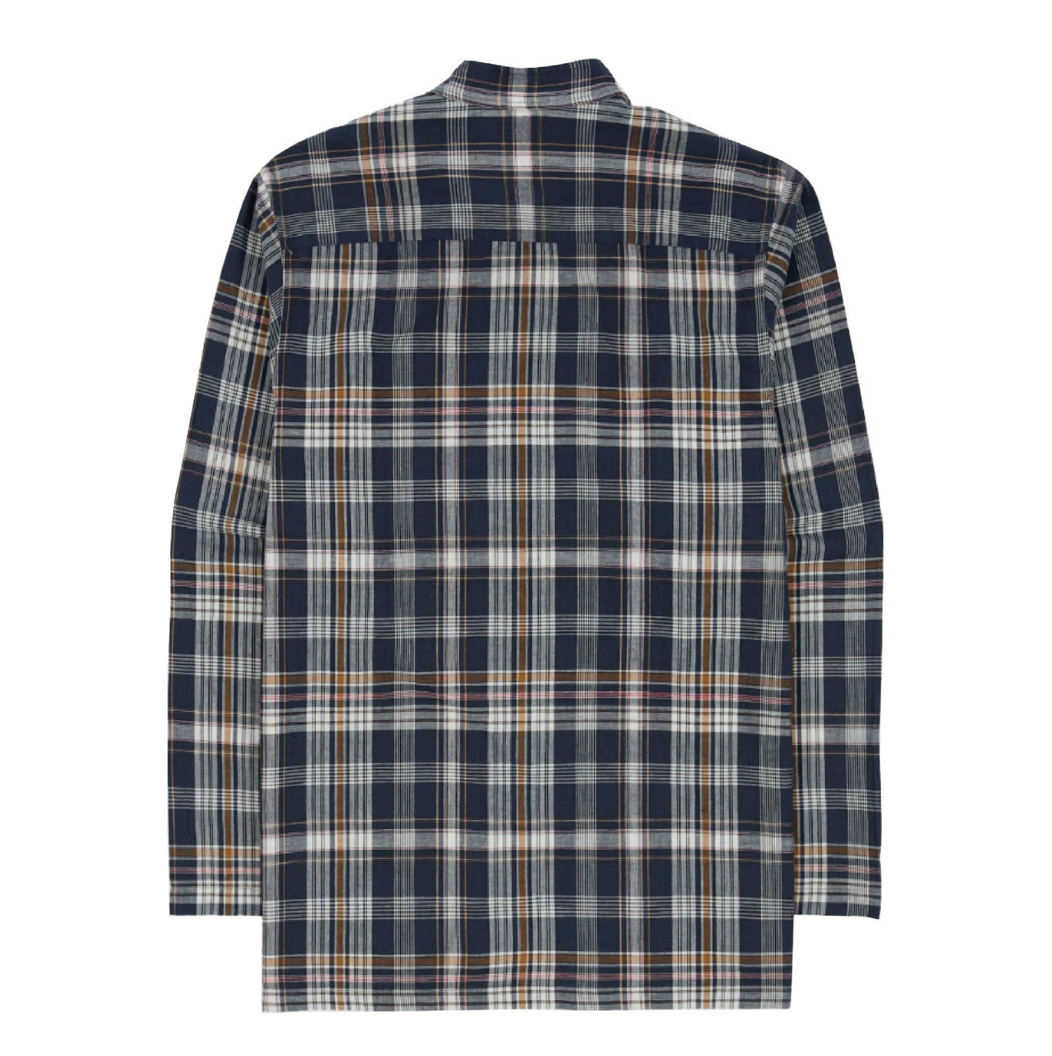 Drake's Madras Check Mandarin Collar Popover Shirt in Navy, White and Yellow — back view