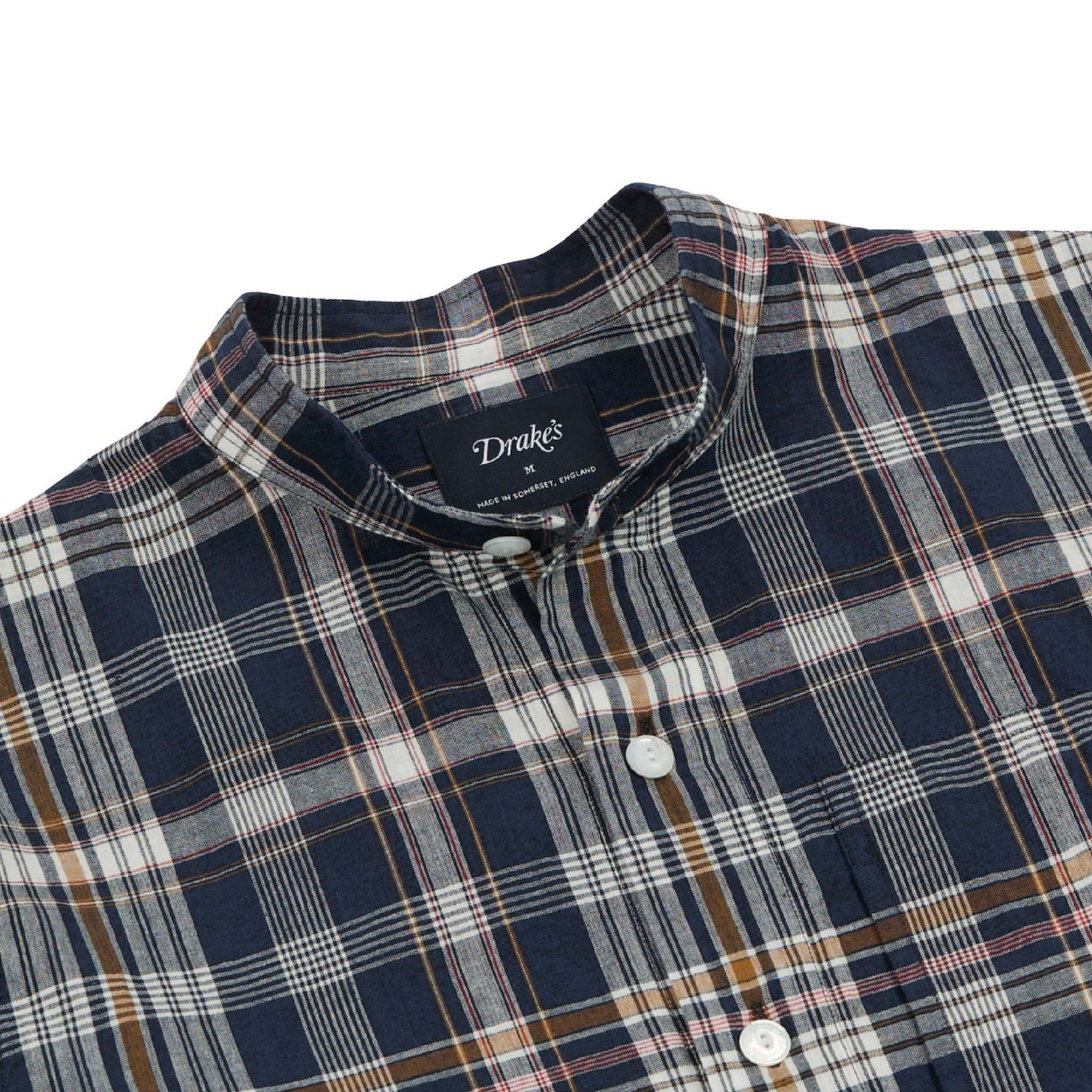 Drake's Madras Check Mandarin Collar Popover Shirt in Navy, White and Yellow — three-quarter view