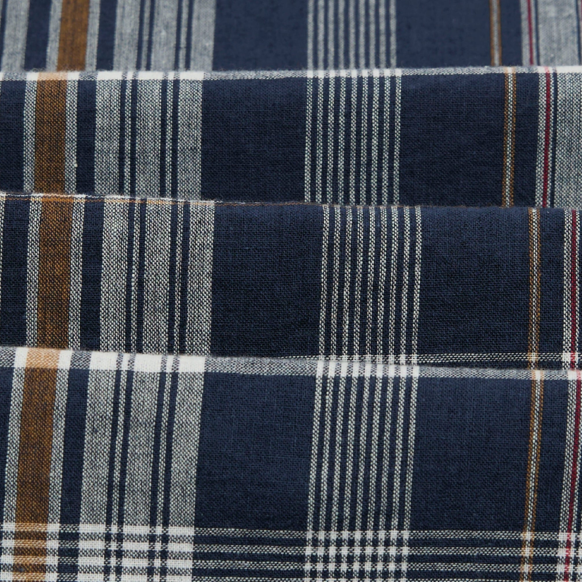 Drake's Madras Check Mandarin Collar Popover Shirt in Navy, White and Yellow — mandarin collar detail