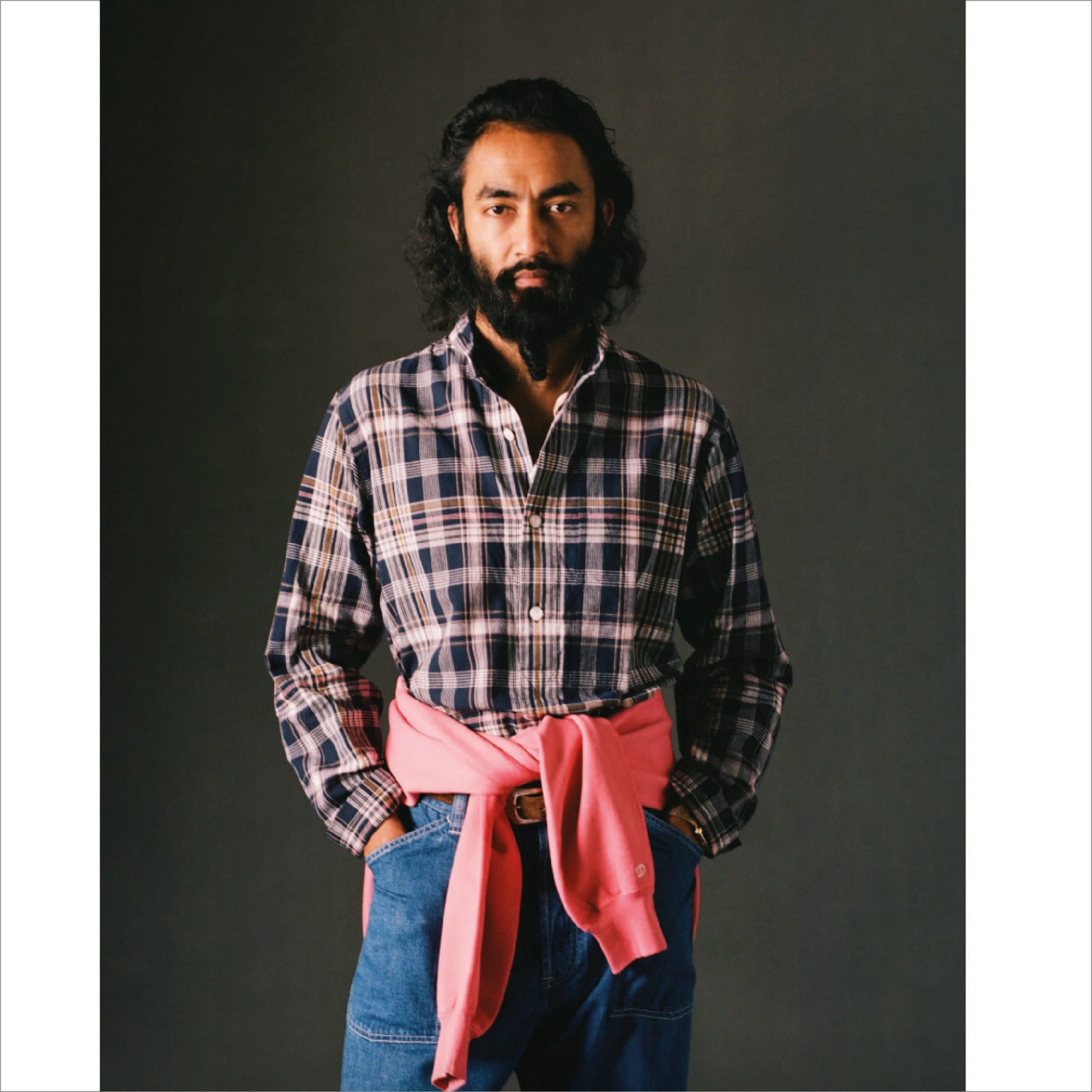 Drake's Madras Check Mandarin Collar Popover Shirt in Navy, White and Yellow — madras check fabric detail