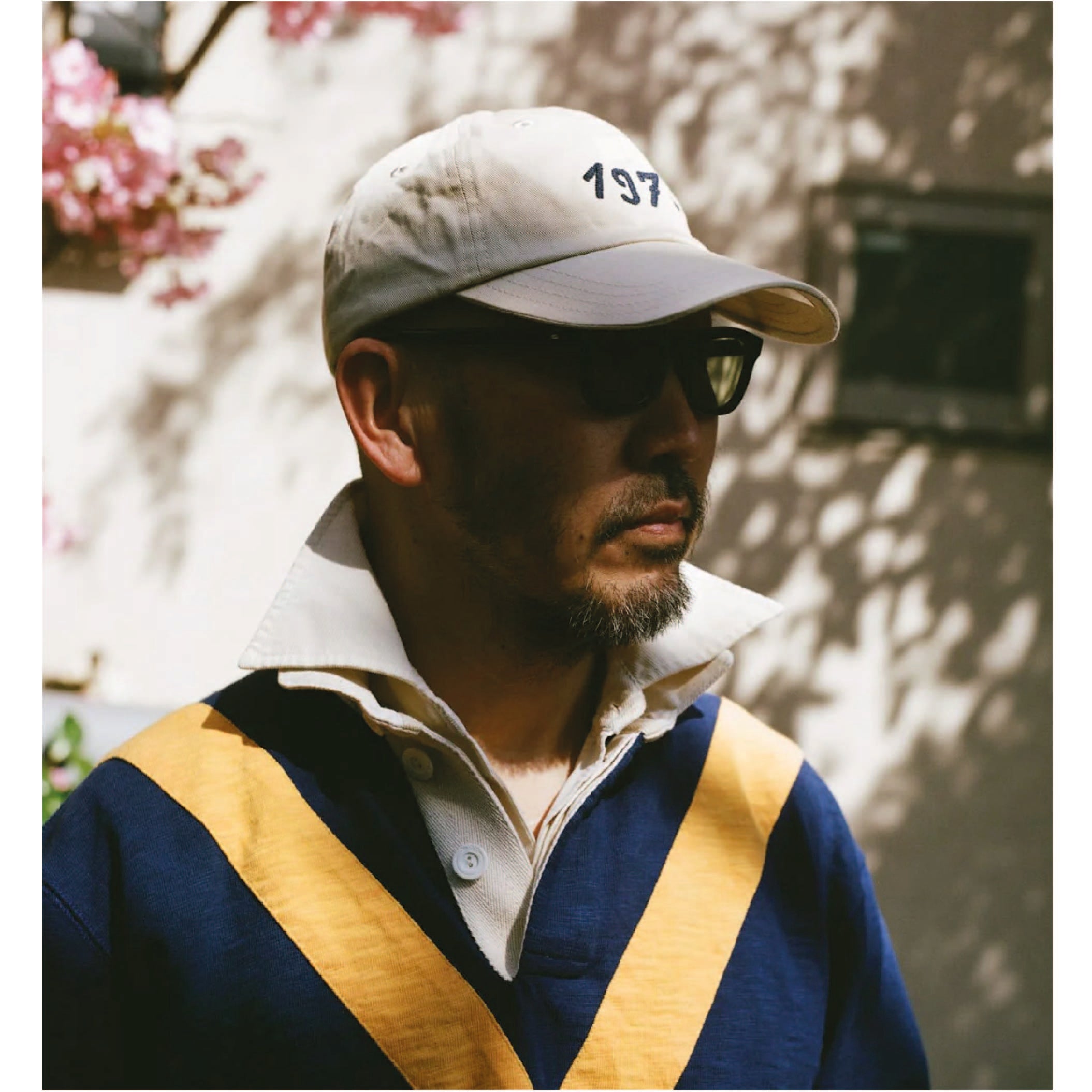 Drake's Chevron Flamé Cotton Rugby Shirt in Navy and Yellow — flamé yarn texture and chevron detail