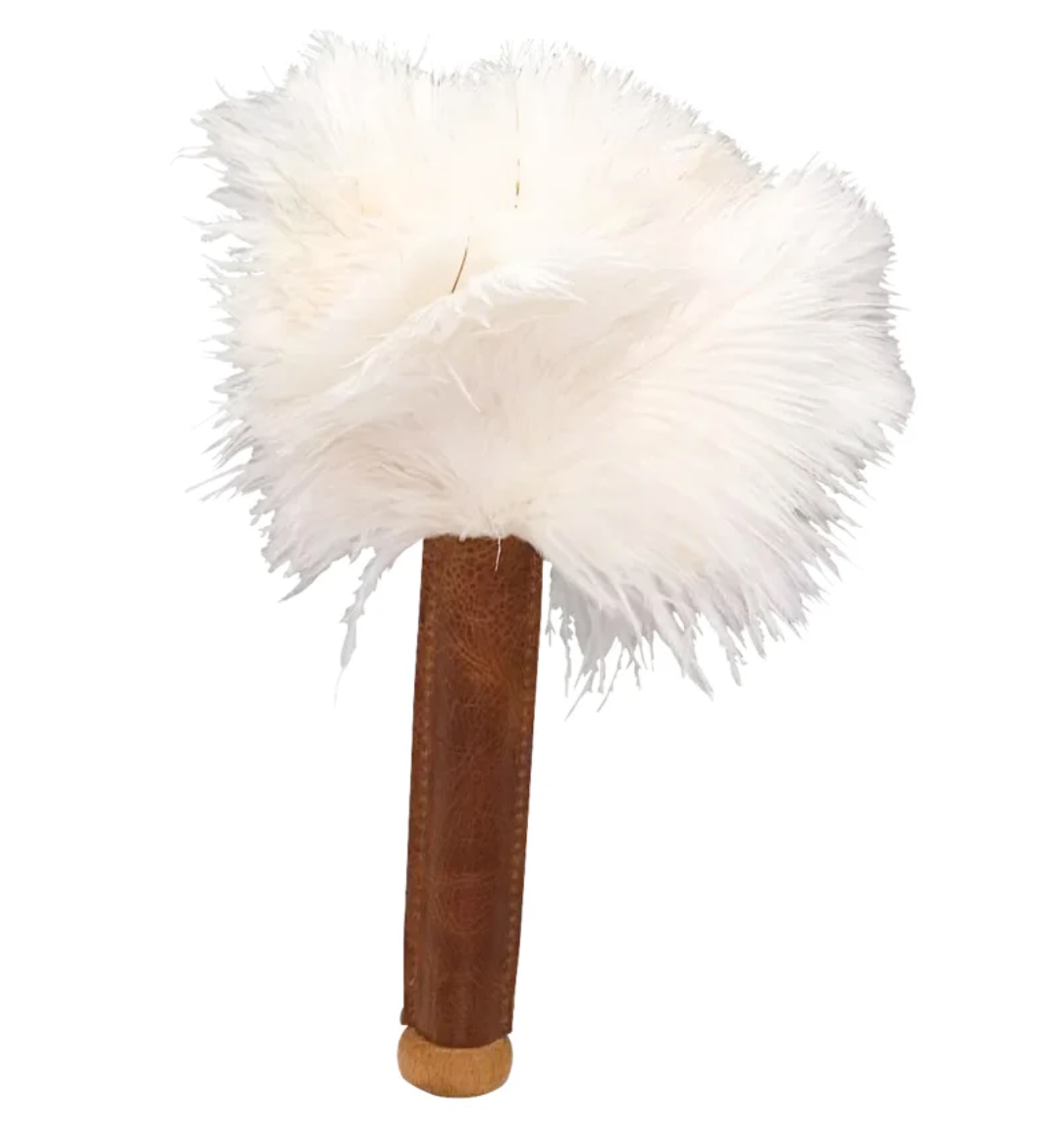 Redecker Skin Relaxer - White, natural ostrich feathers and leather cuff, body brush.