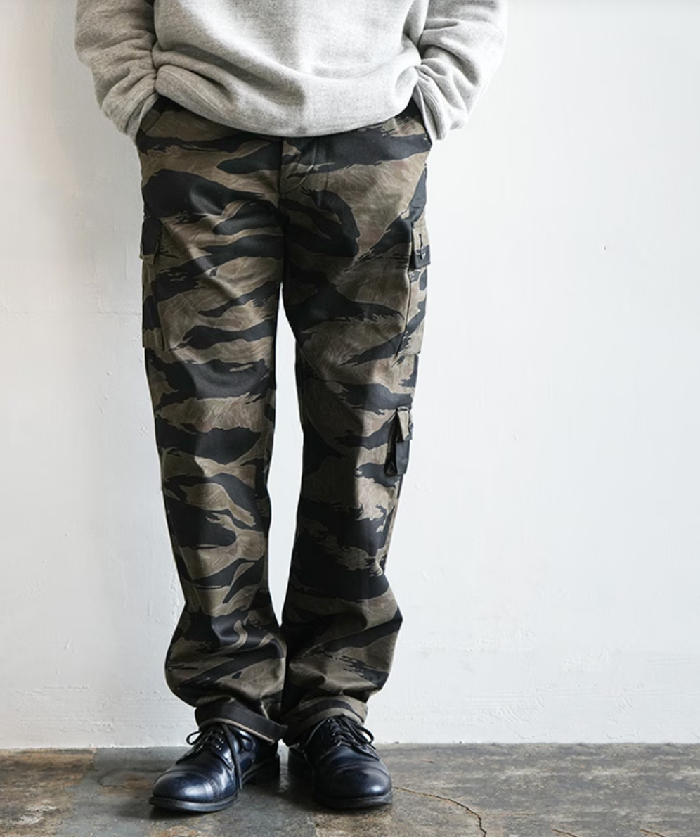 Close-up of the fabric and texture of Black Tiger Pattern Trousers by Buzz Rickson's.