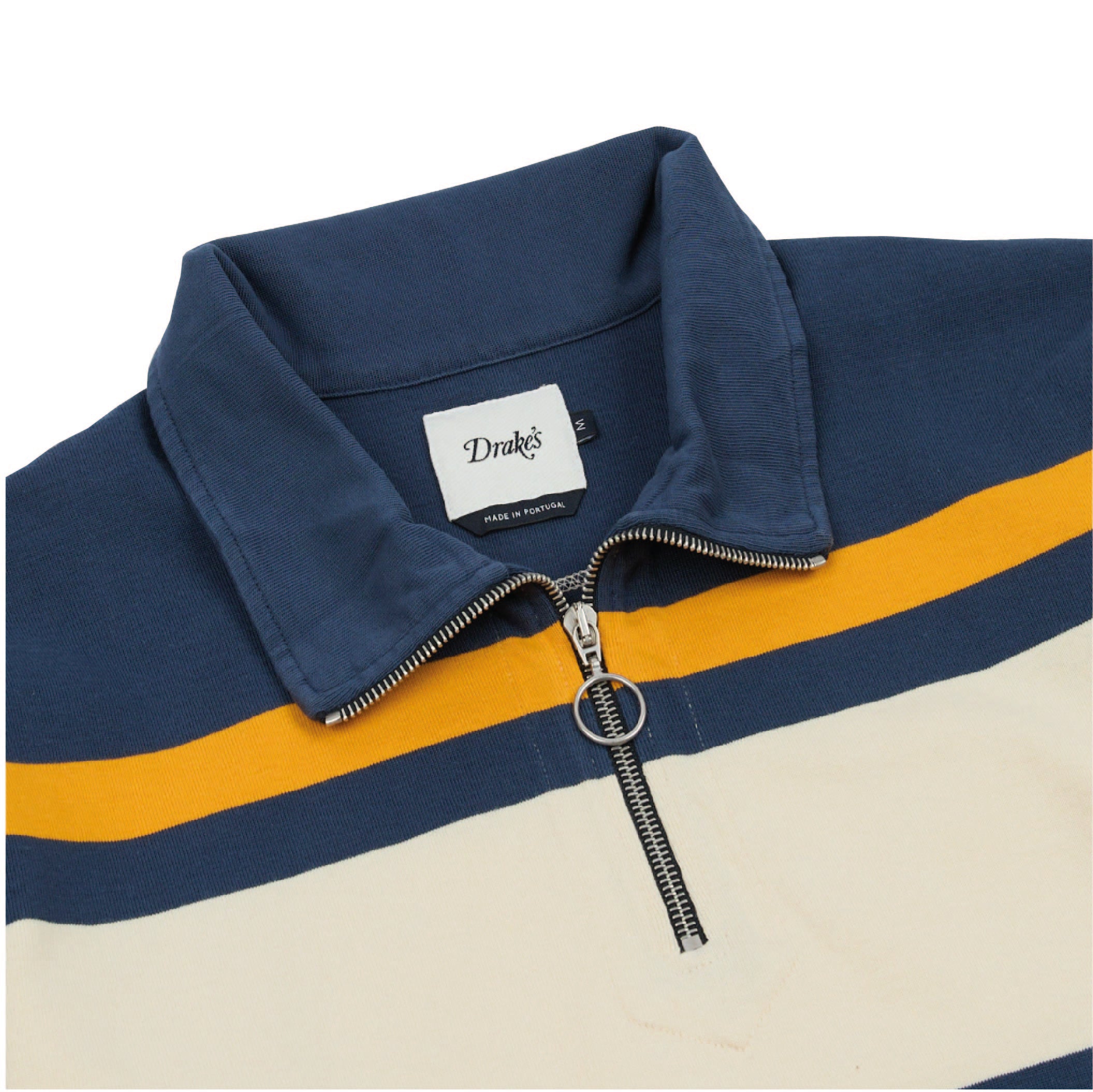Drake's Stripe Quarter-Zip Rugby Shirt in Ecru, Navy and Yellow — back view