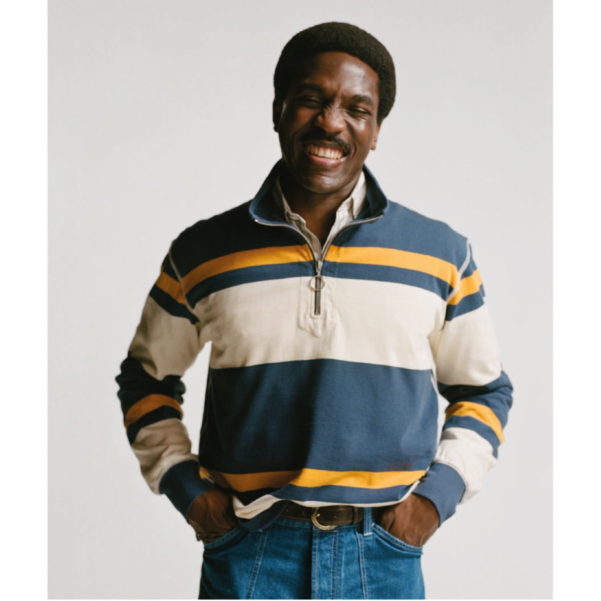Drake's Stripe Quarter-Zip Rugby Shirt in Ecru, Navy and Yellow — collar and zip detail