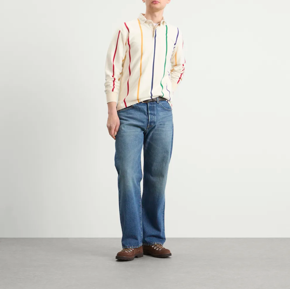 Drake's Primary Vertical Stripe Cotton Rugby Shirt in White Multicolour — back view