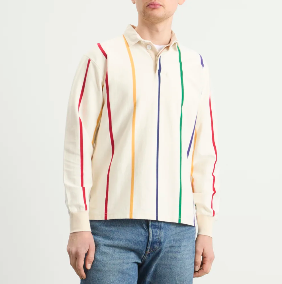 Drake's Primary Vertical Stripe Cotton Rugby Shirt in White Multicolour — collar and stripe fabric detail