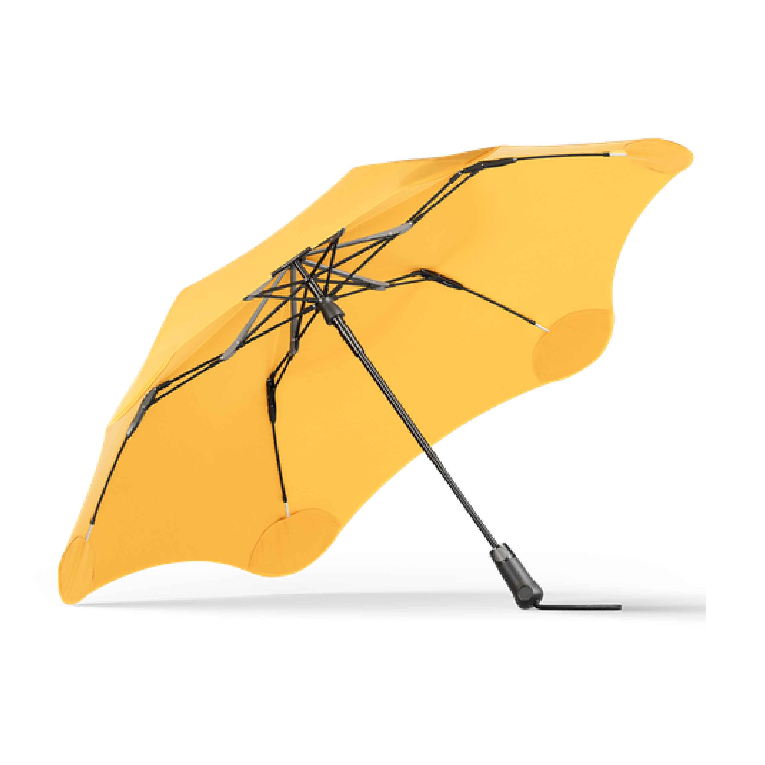 Blunt Metro umbrella in vibrant Sunshine Yellow with patented strut mechanism and cover.