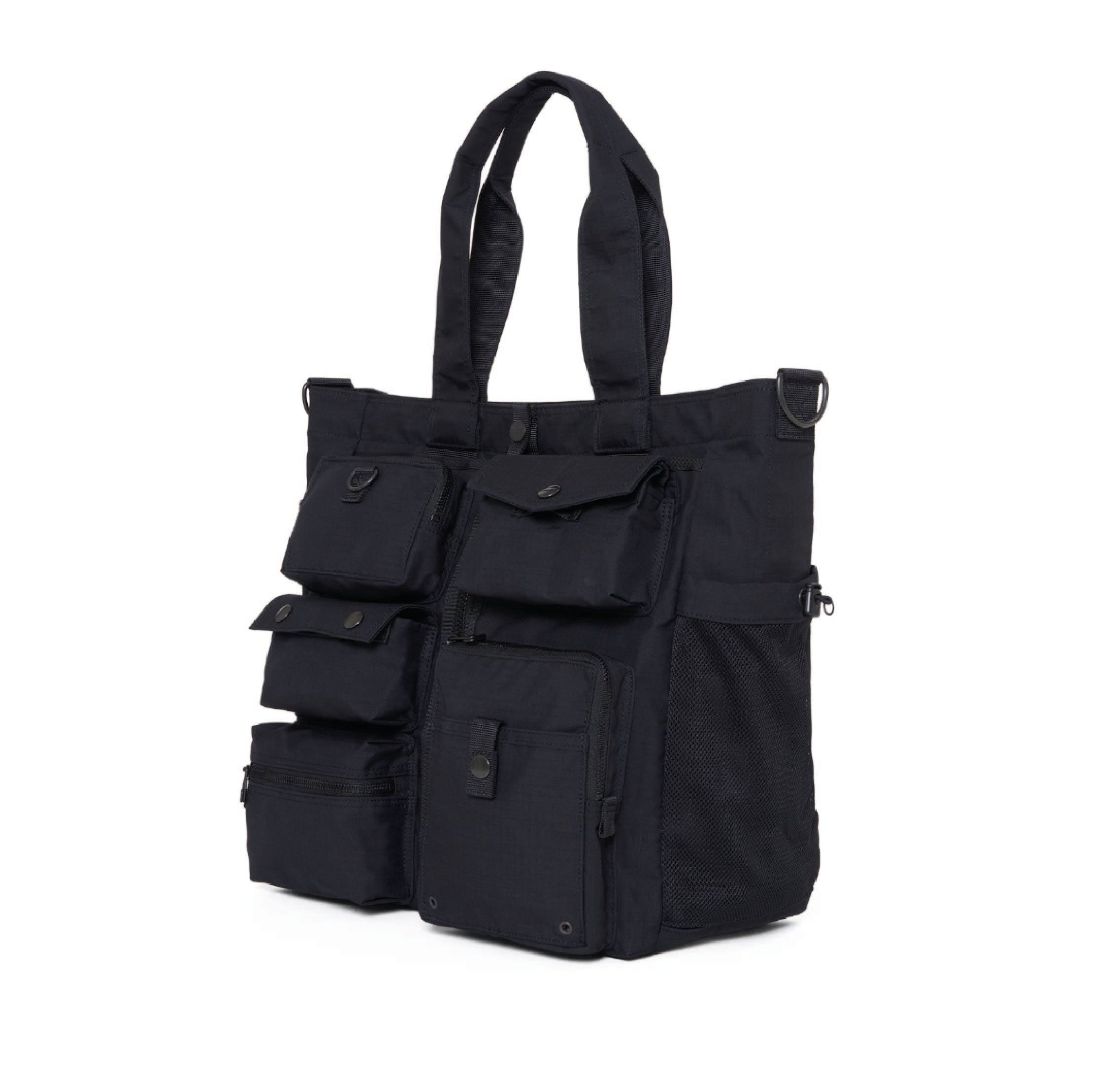 POTR / Porter Yoshida & Co. Dissection Tote Bag in black — side view showing bag capacity and TC ripstop construction