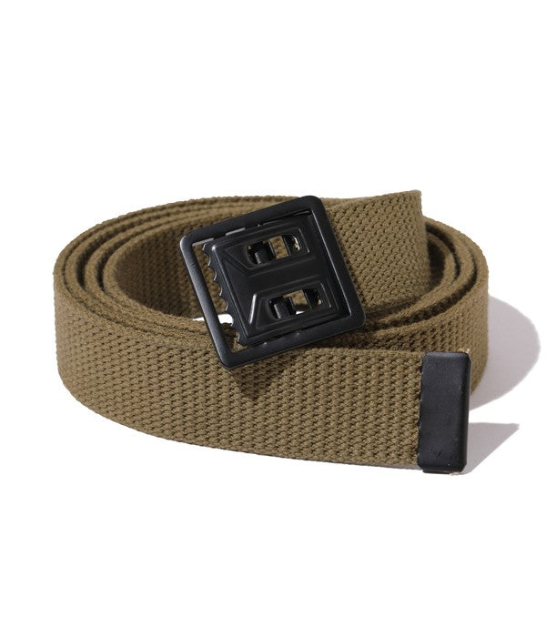 Buzz Rickson's US Army M-37 Webbing Belt in khaki — side view showing cotton canvas webbing and steel open-face buckle, BR02719
